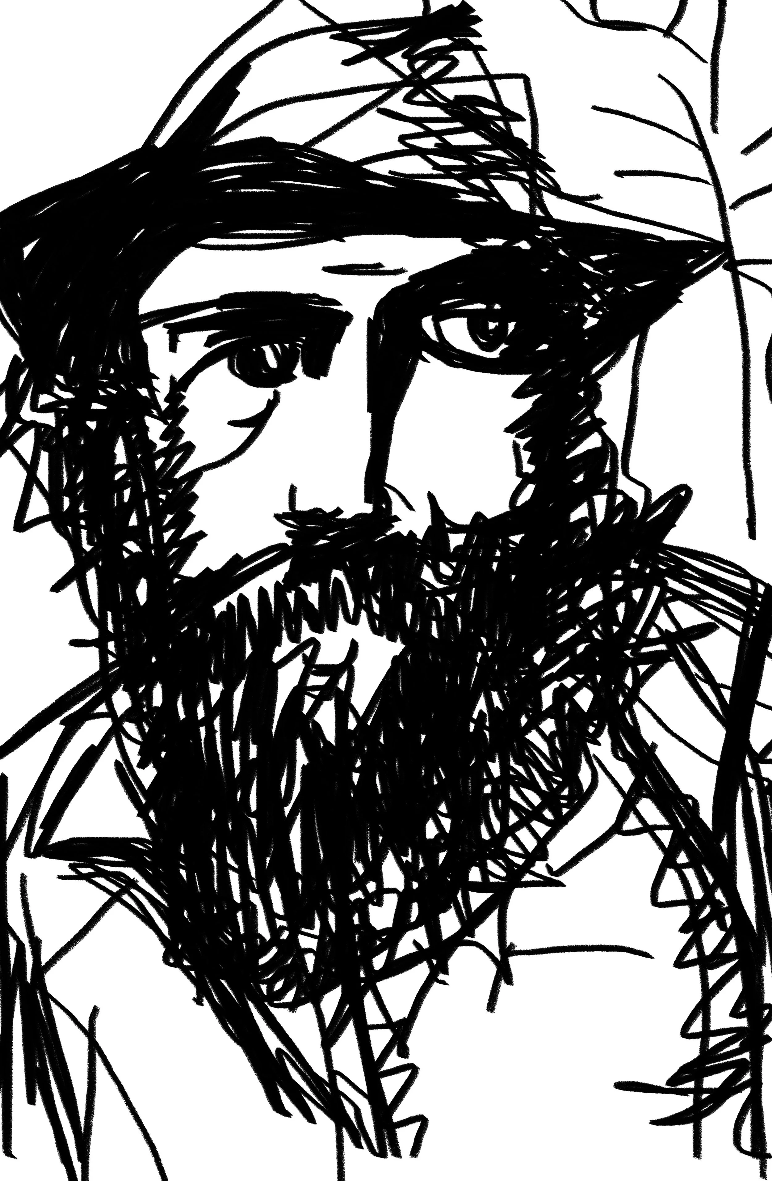 A black and white sketch of a person's face, with long hair, a beard, and wearing a shirt, drawn in a rough, scribbled style.
