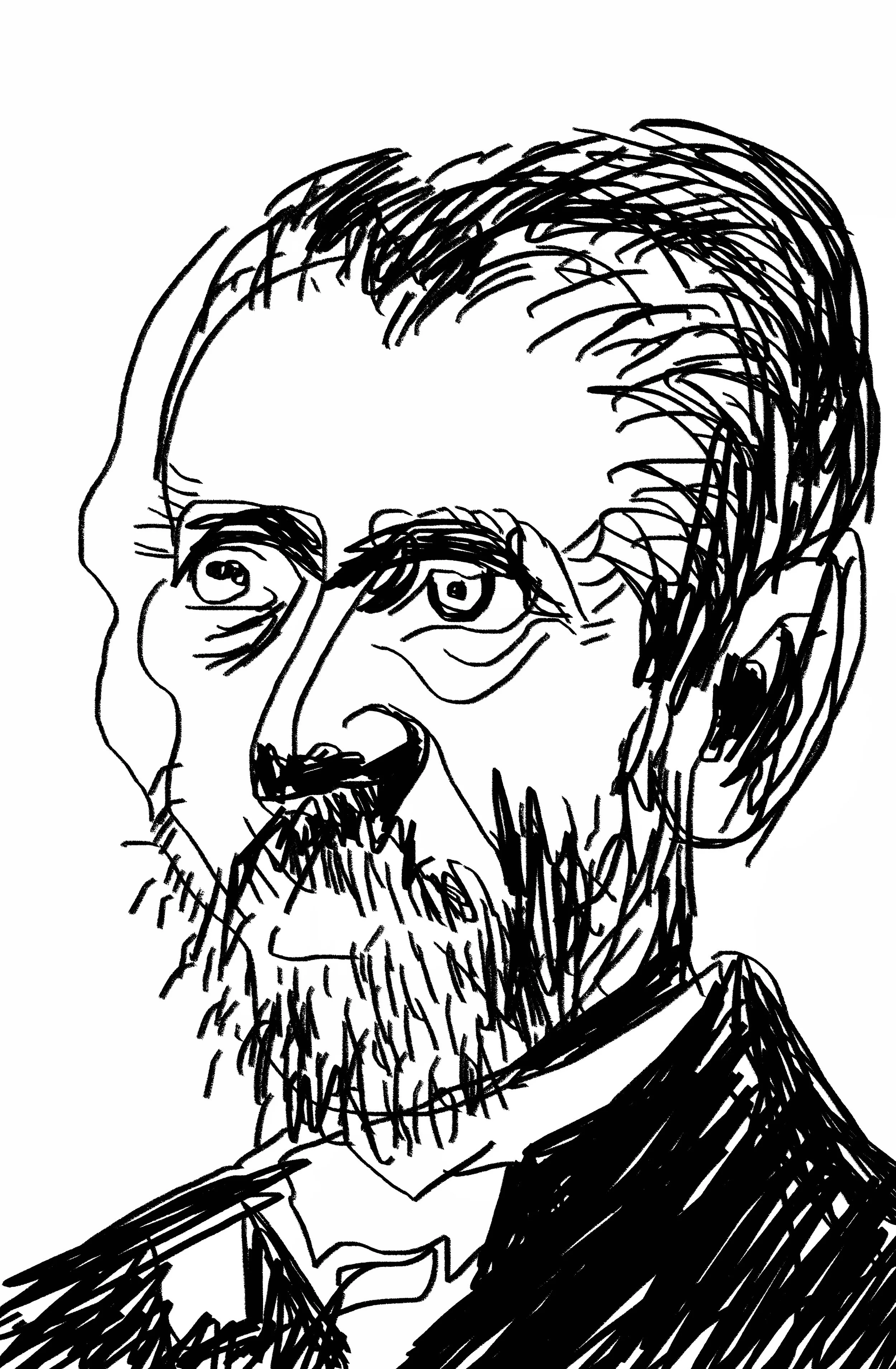 Black and white sketch of a man with glasses, a beard, and short hair, looking to the side.