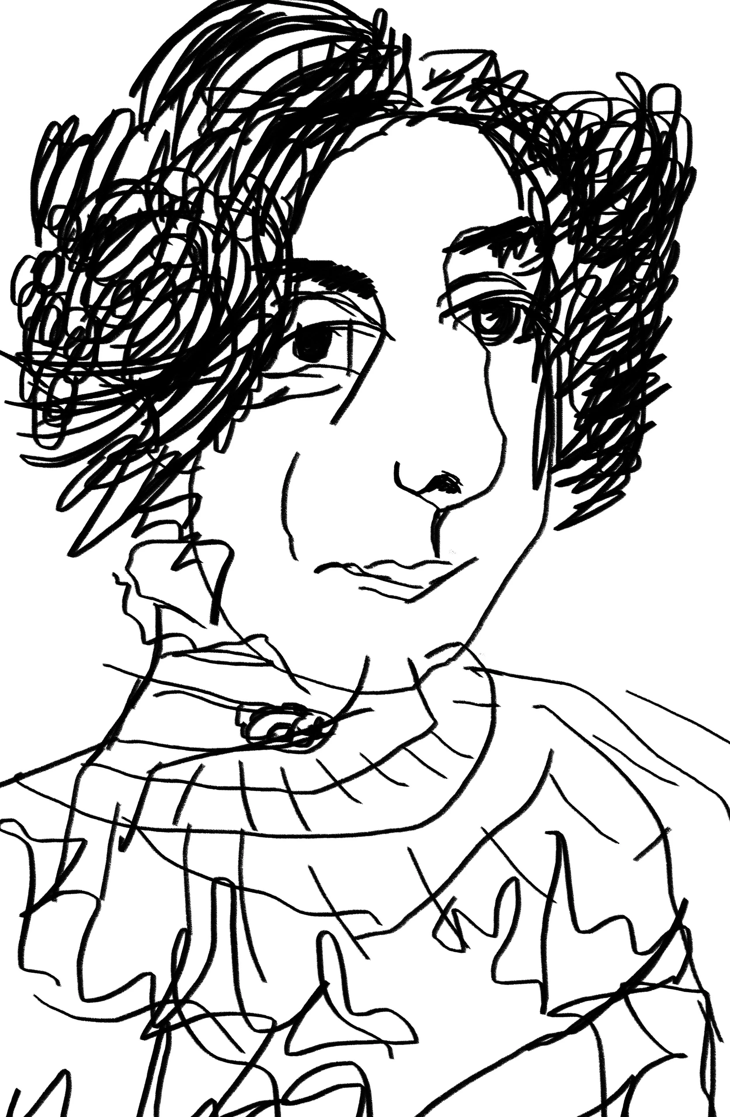 A sketch of a woman with curly hair, wearing a patterned dress and a necklace, with a confident expression.