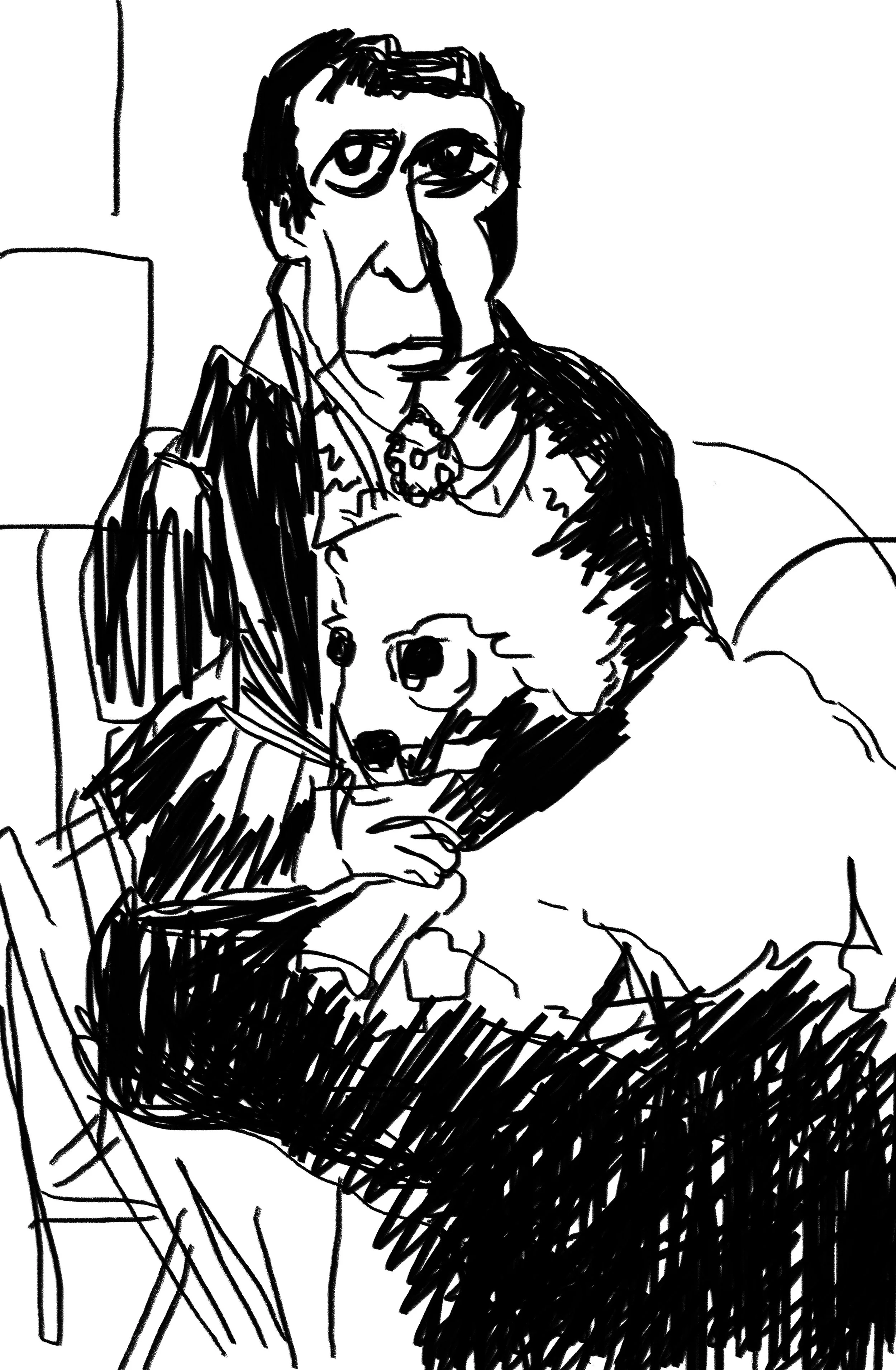 A black and white sketch of a person with glasses, sitting on a chair, holding a dog, with a serious expression on their face.