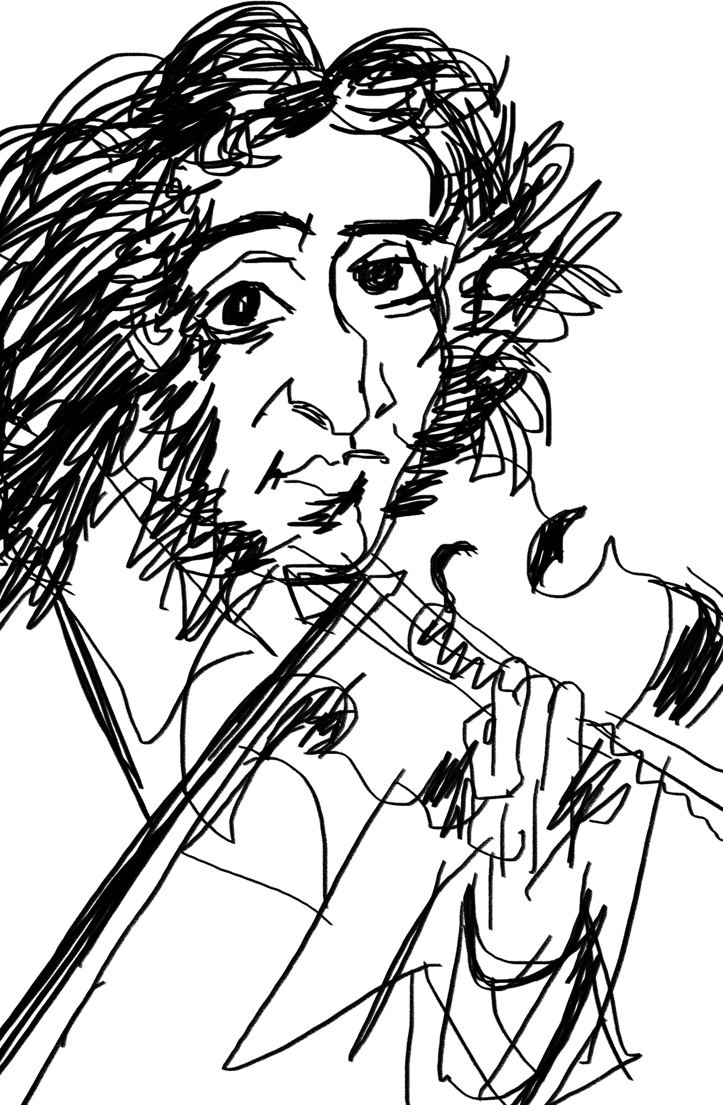 A black and white line drawing of a woman with curly hair, holding a guitar, and singing or speaking into a microphone.