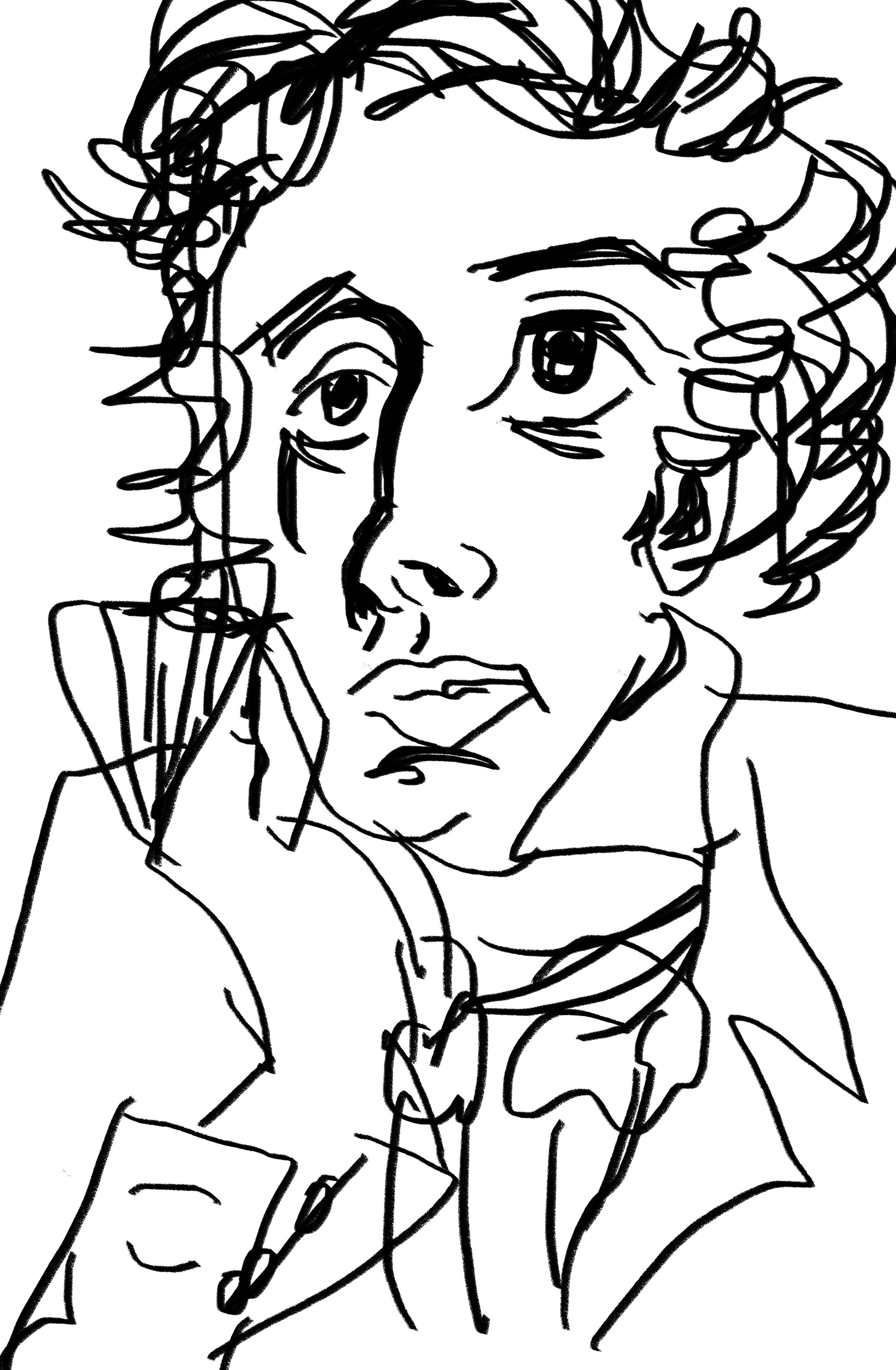 Line drawing of a woman with curly hair, one eye winking, hand near her face, wearing a jacket.