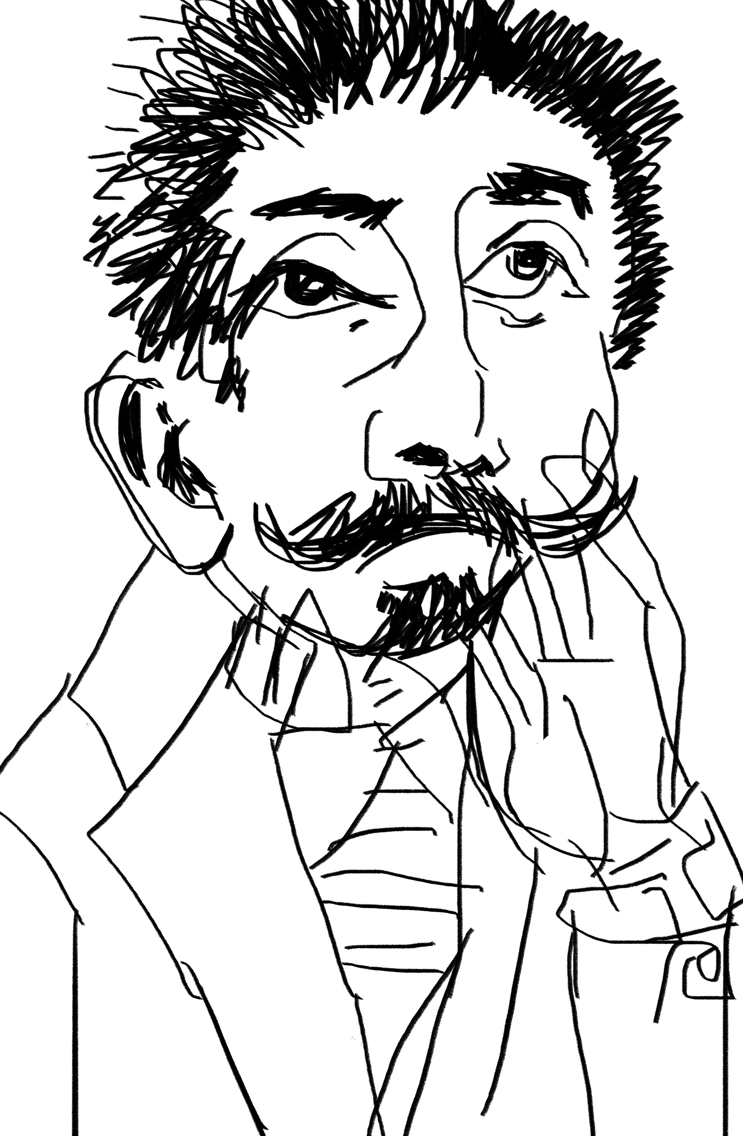Black and white line drawing of a person with messy hair, beard, and mustache, wearing a blazer over a shirt, leaning on one hand.