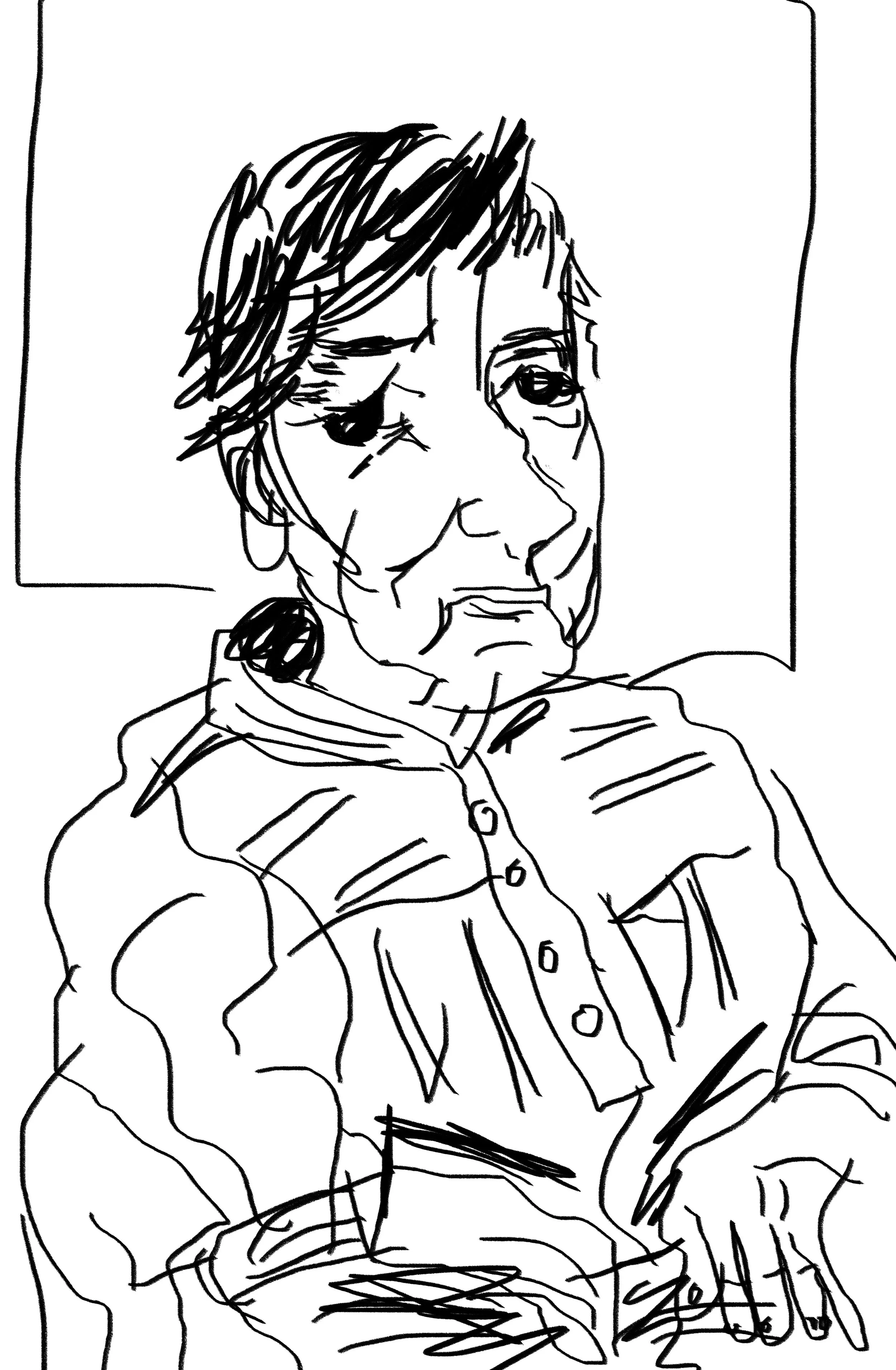 Line drawing of a woman with medium-length hair, wearing glasses, a collared shirt, and a blazer, seated in a relaxed pose.