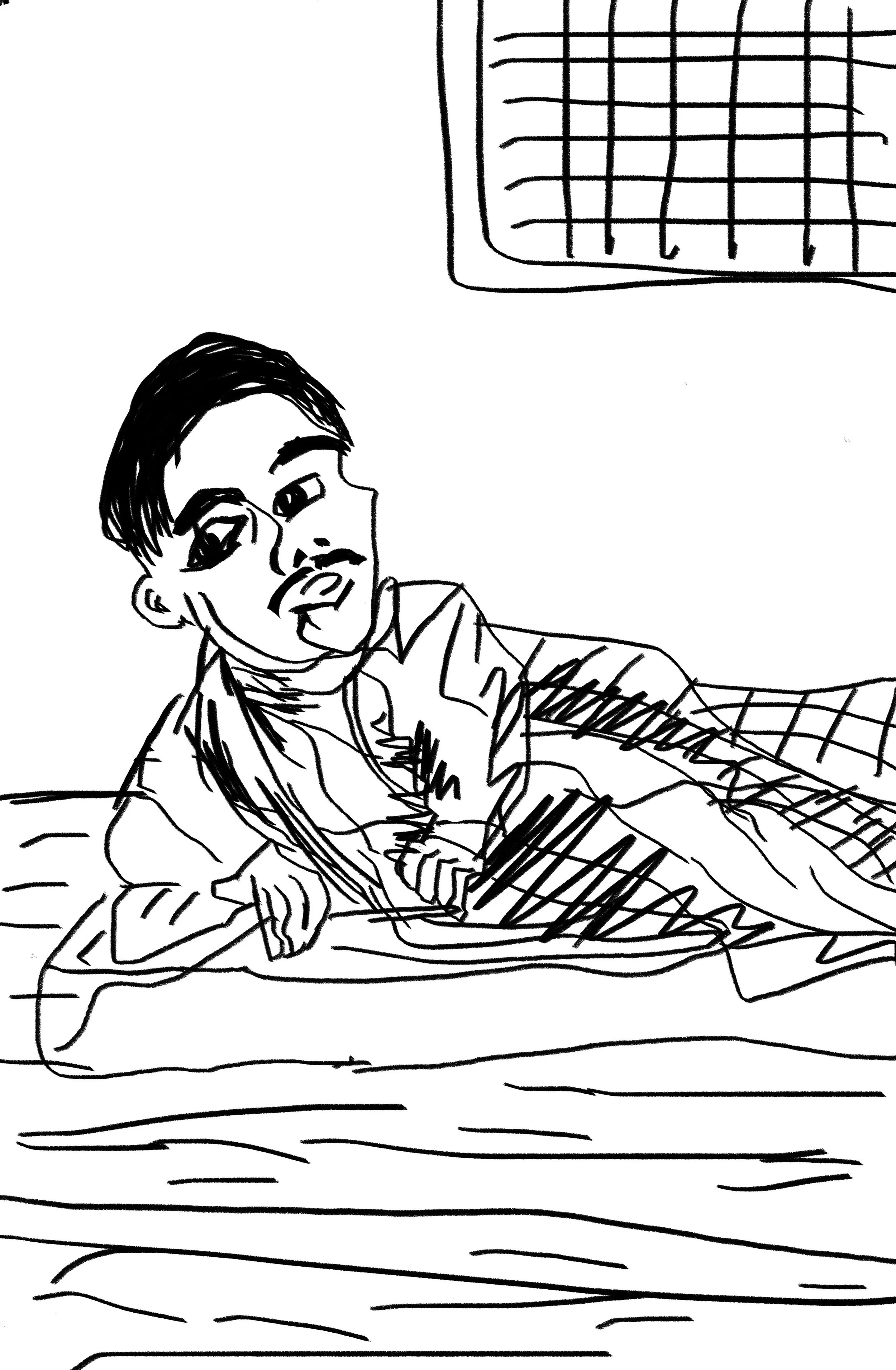 A line drawing of a person lying on a bed, resting on one arm, with a grid pattern of a window or screen in the background.