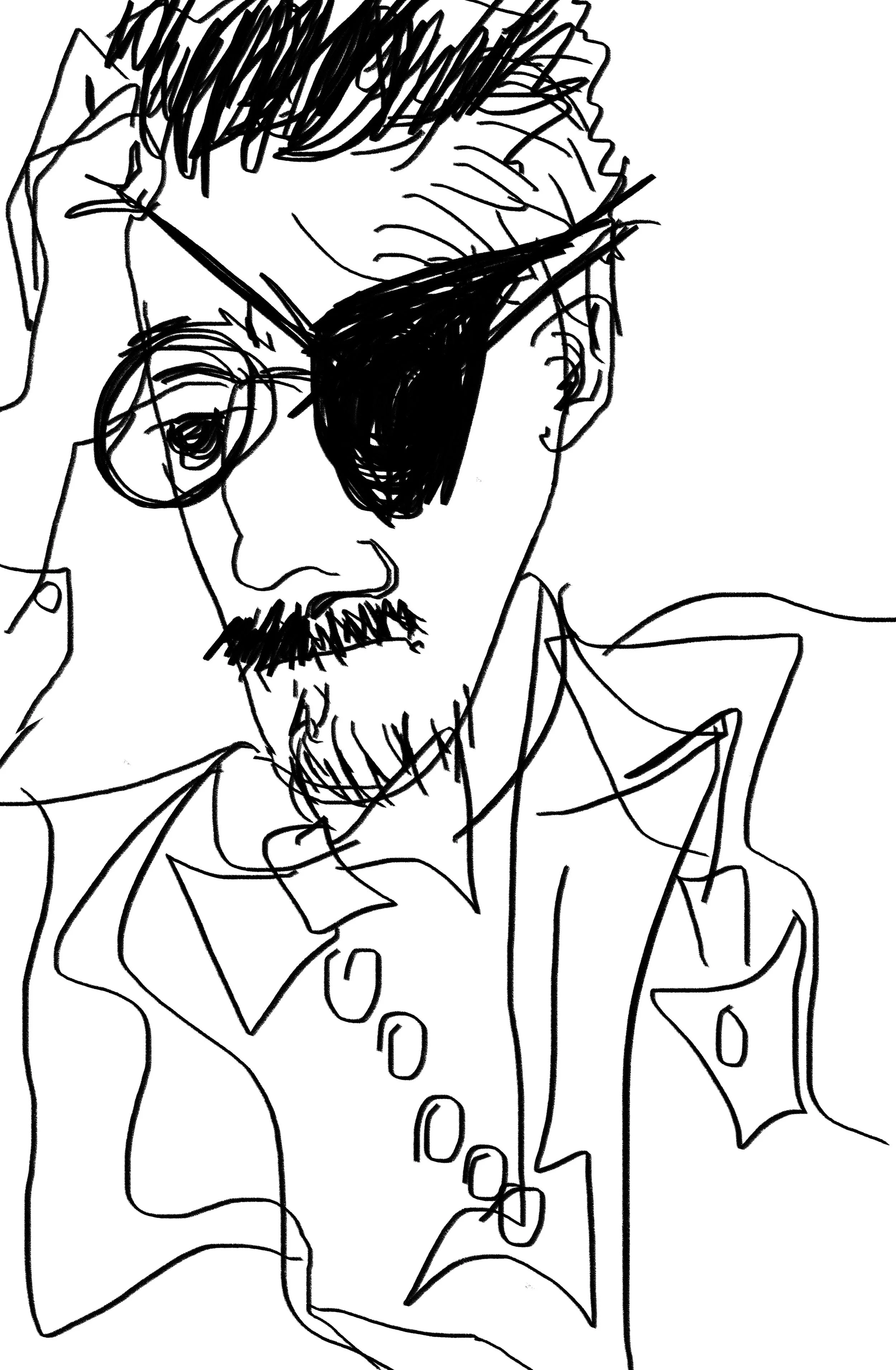 A line drawing of a man with styled hair, a beard, sunglasses, and an open shirt with buttons, with the right arm extended outward.