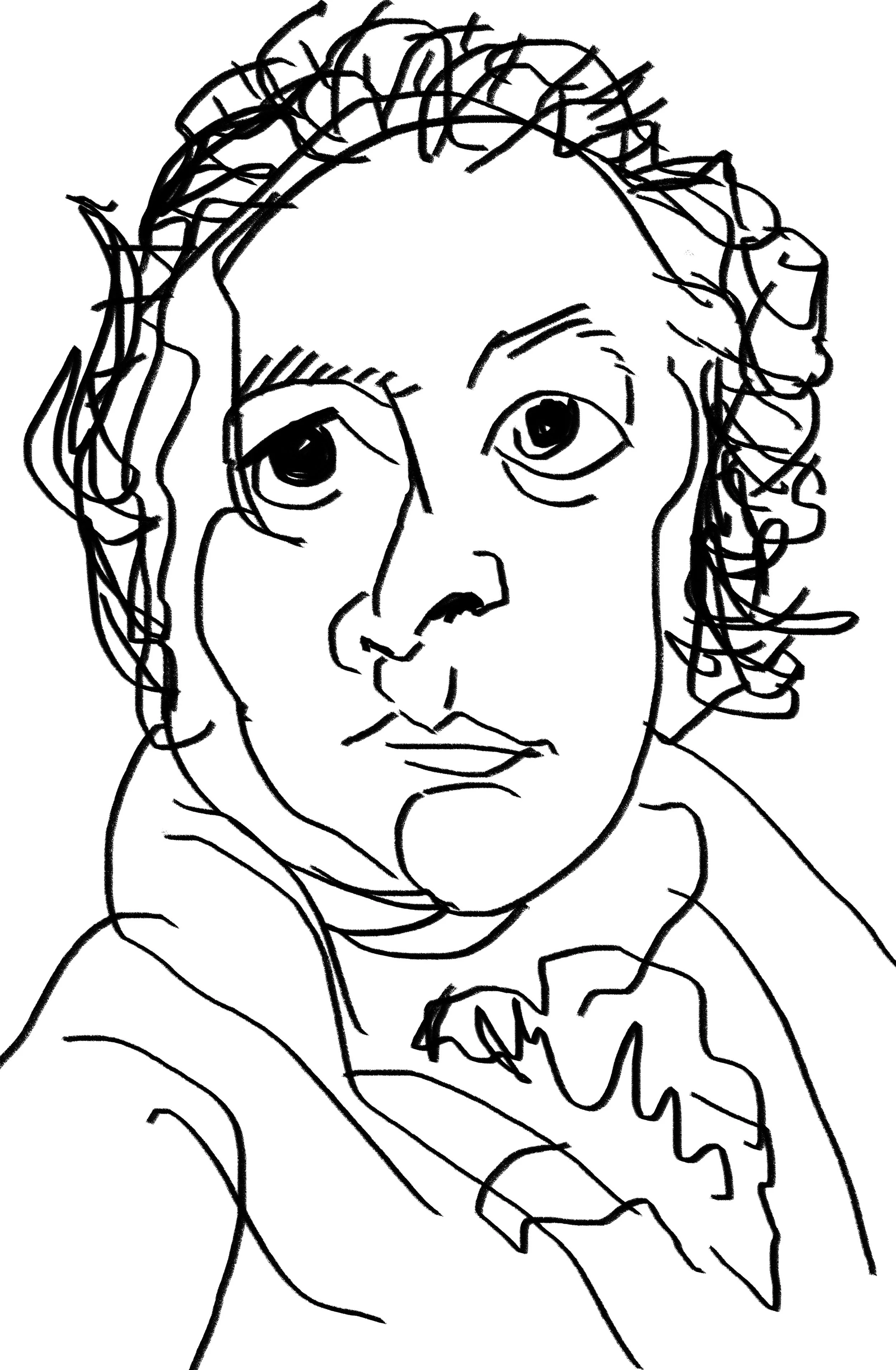 Line drawing of a person with curly hair, holding an object and making a peace sign with their hand.