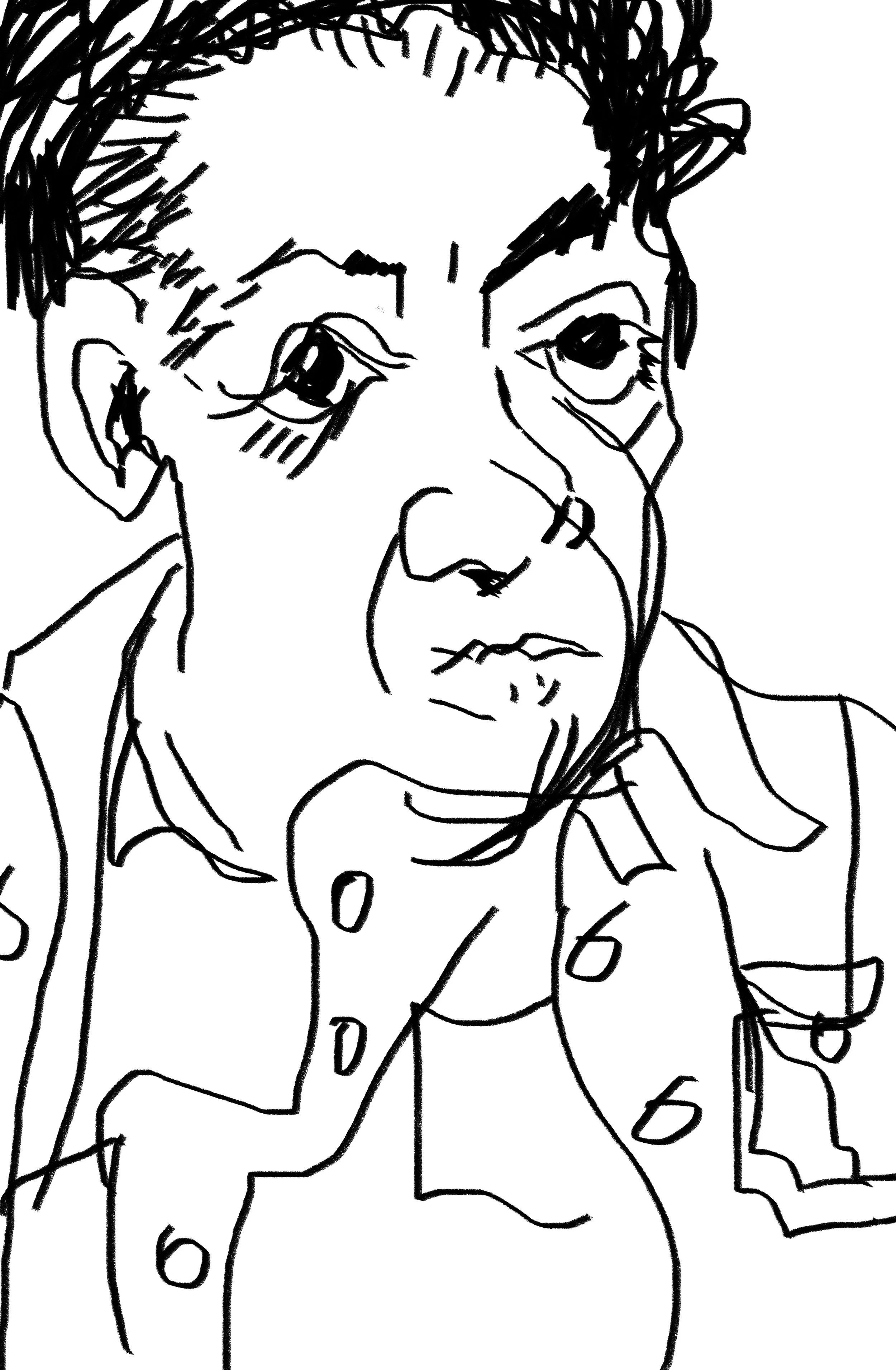 Line drawing of a woman with short hair, wearing a coat with large buttons, resting her head on her hand.