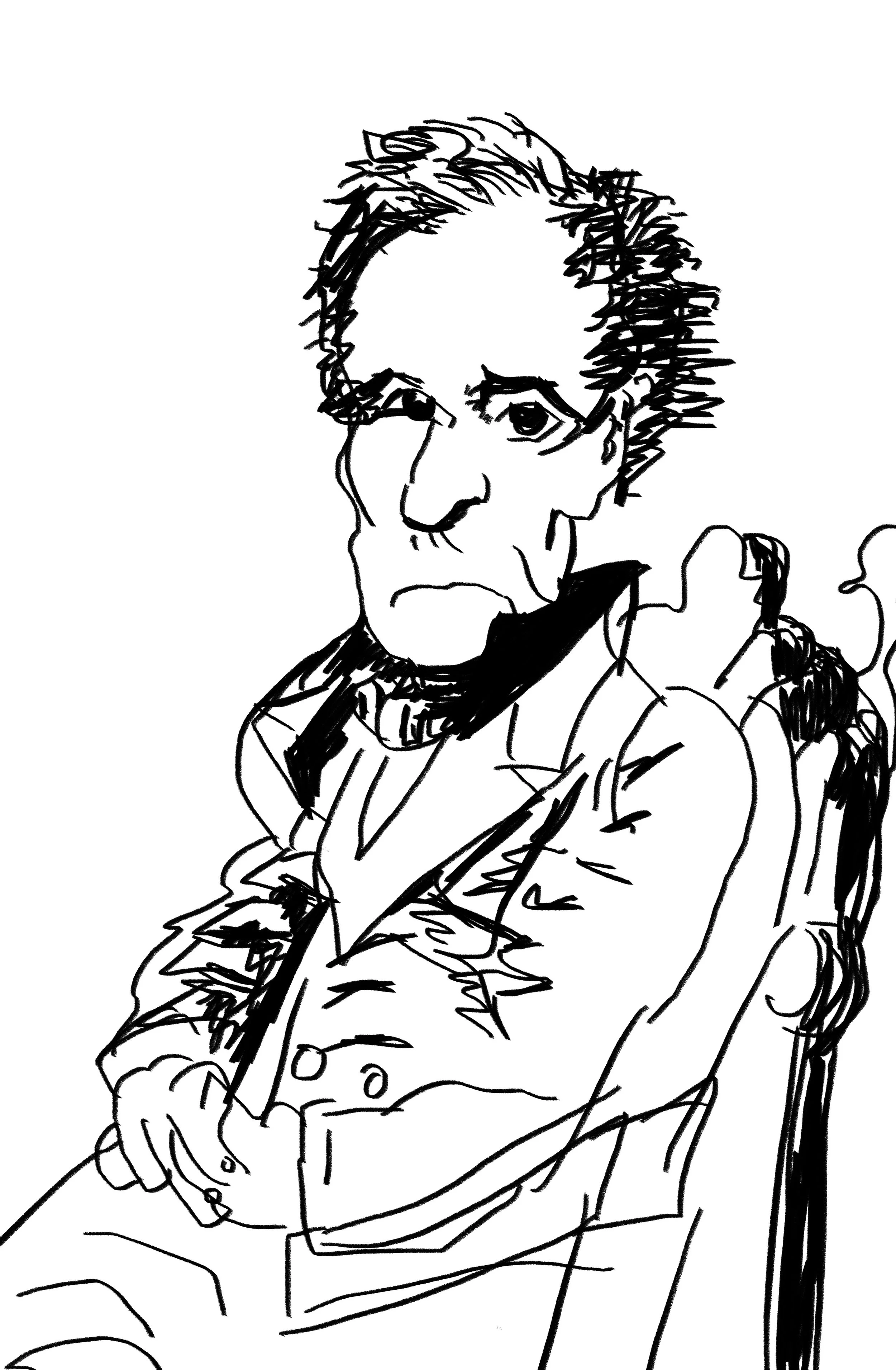 Line drawing of a man with glasses and short hair sitting in a chair, wearing a jacket and in a relaxed pose.