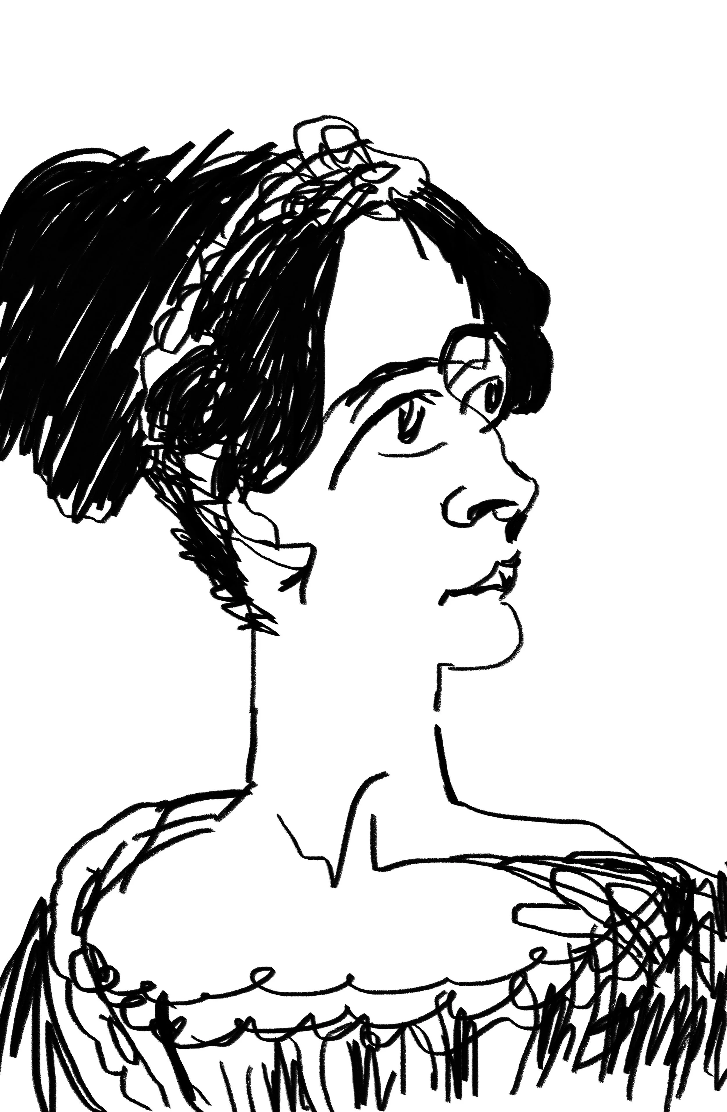A black and white sketch of a woman with glasses, styled hair, and wearing a detailed dress with ruffles and buttons, viewed in profile.