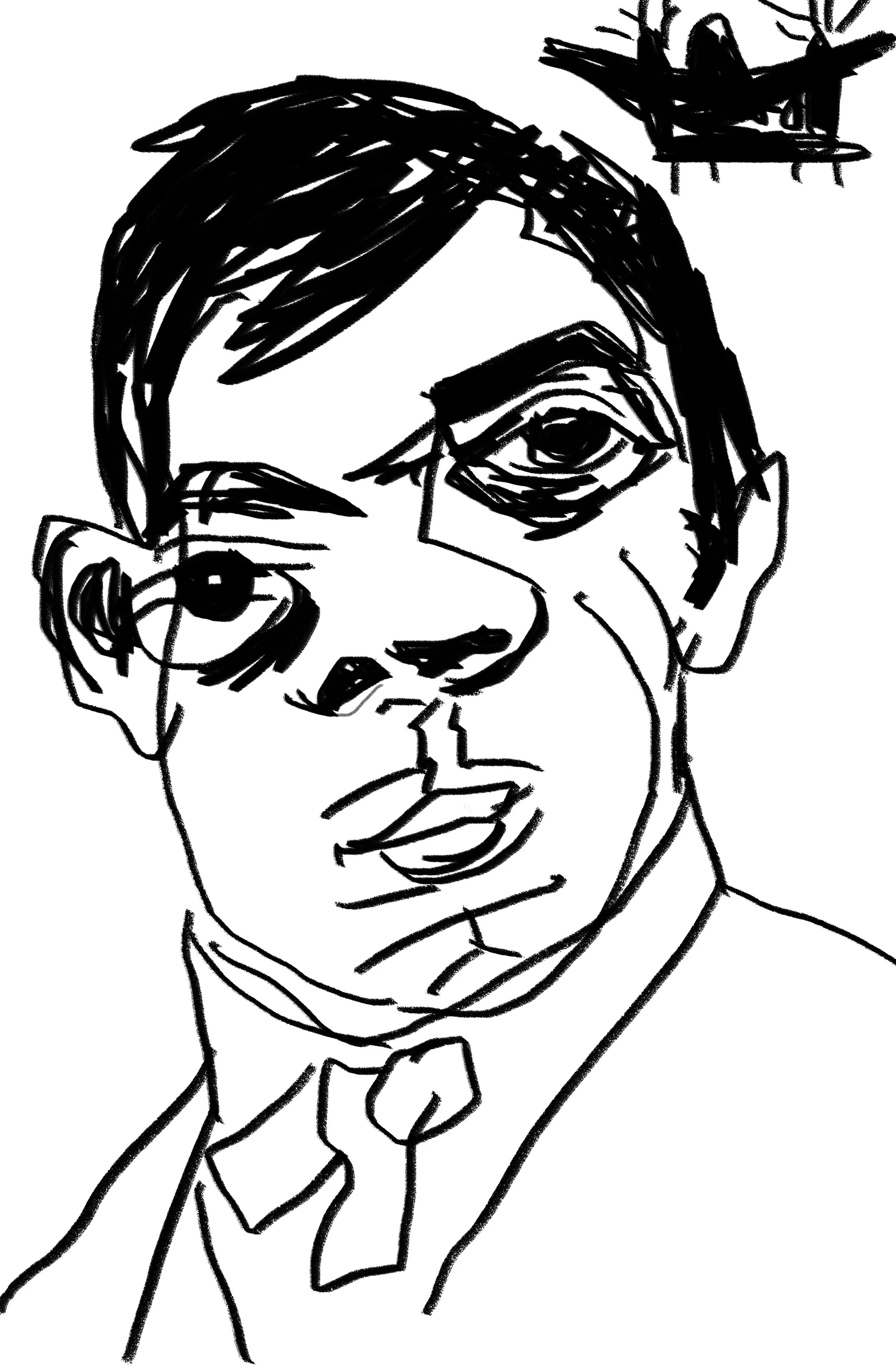 Line drawing of a young man's face with glasses, wearing a collared shirt and tie, with an ink blot style and a thought bubble above his head.