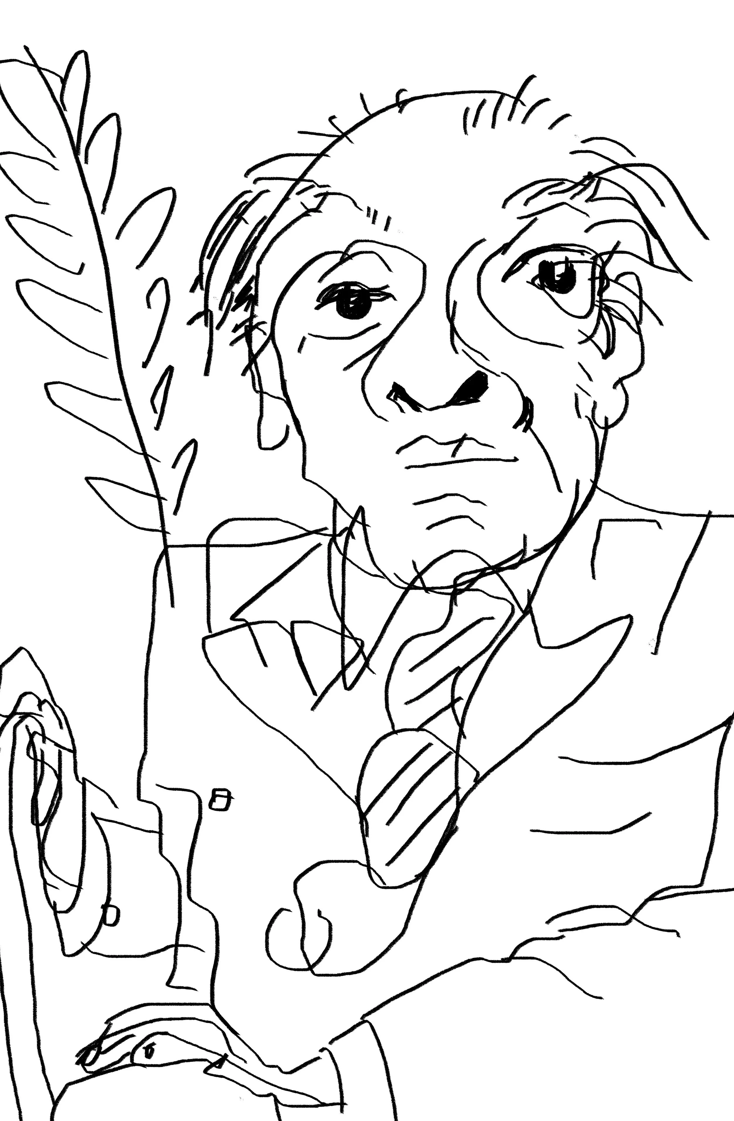 Line drawing of a person with short hair, holding a pair of sunglasses in one hand, with a large leaf to the side.