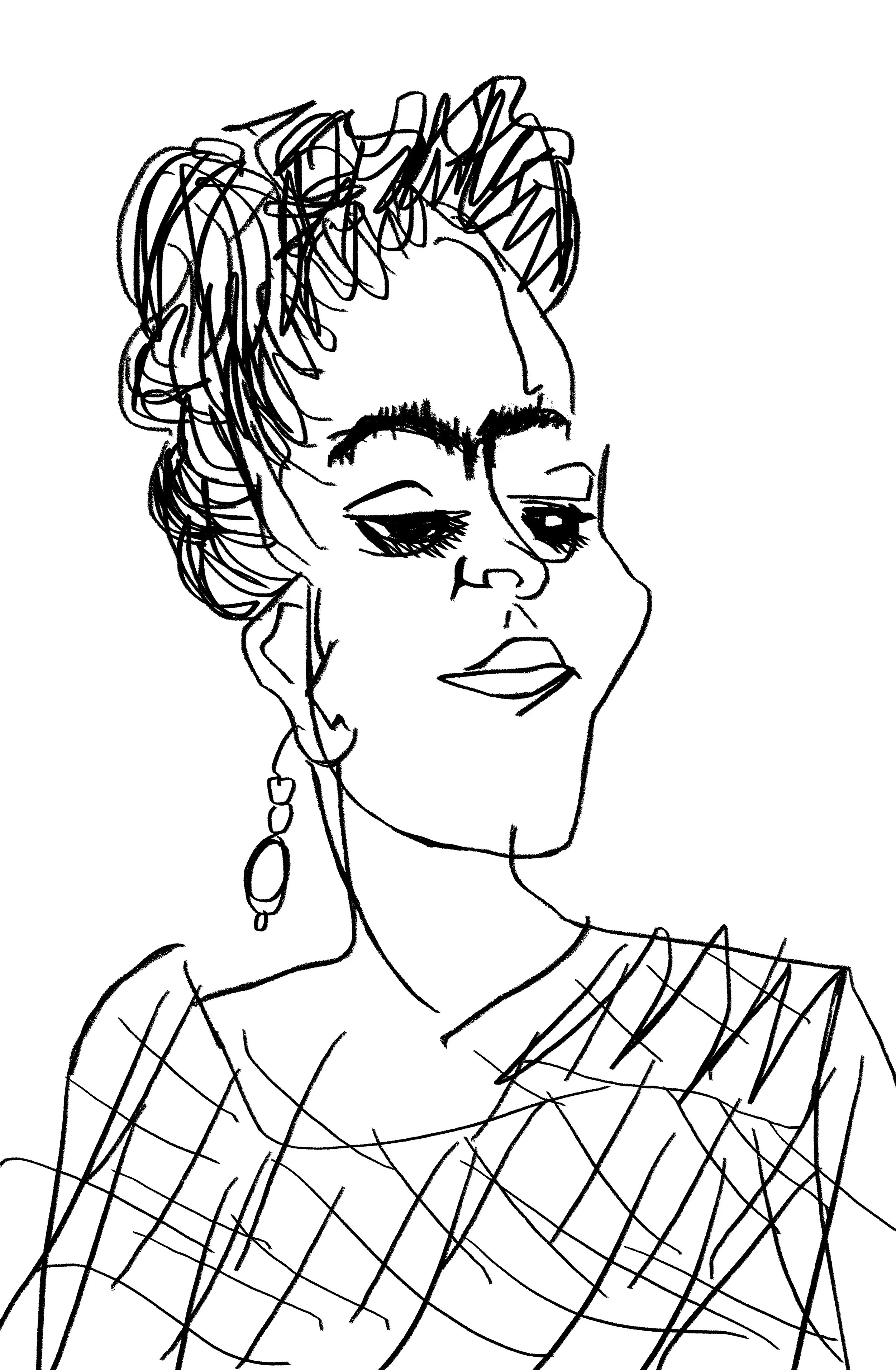 Line drawing of a woman with short, tousled hair, wearing earrings and a patterned top, with her head slightly tilted and eyes closed.