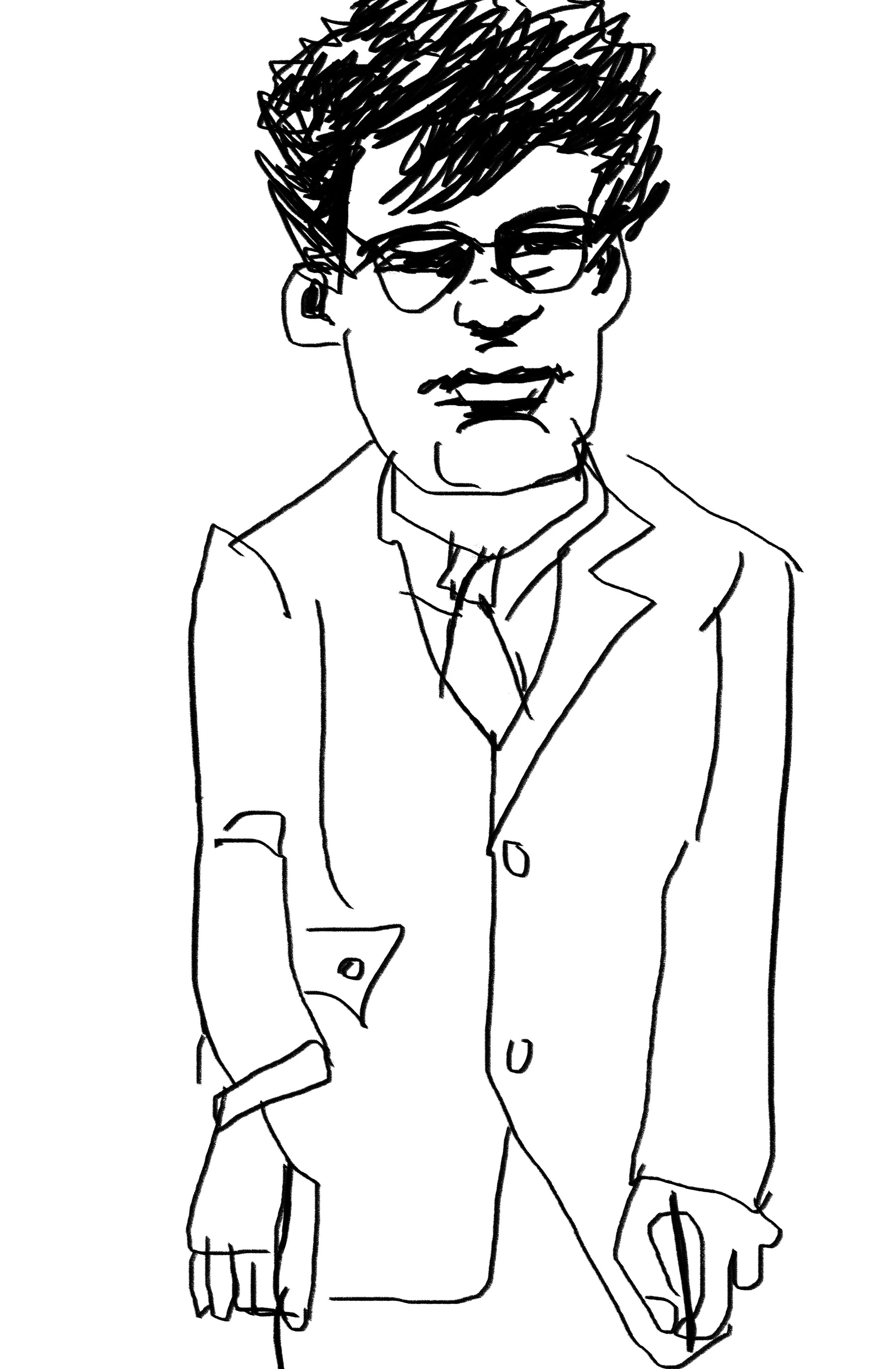 A minimalist black-and-white sketch of a man in a suit wearing glasses, with messy hair, holding a dollar sign in one hand and a briefcase in the other.