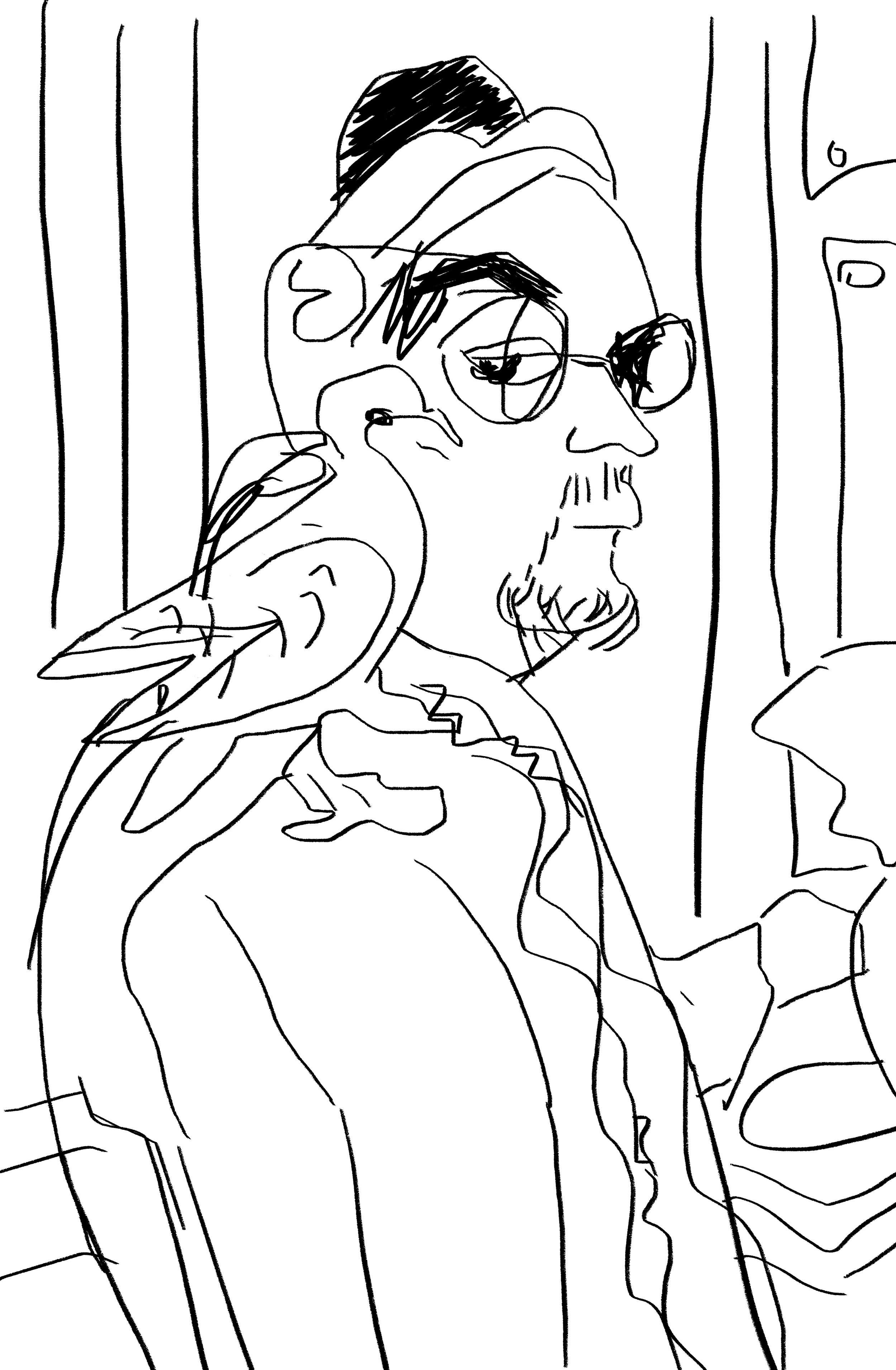 Line drawing of a man sitting in a chair with sunglasses, a beard, and a hat, holding a phone to his ear, with a window in the background.