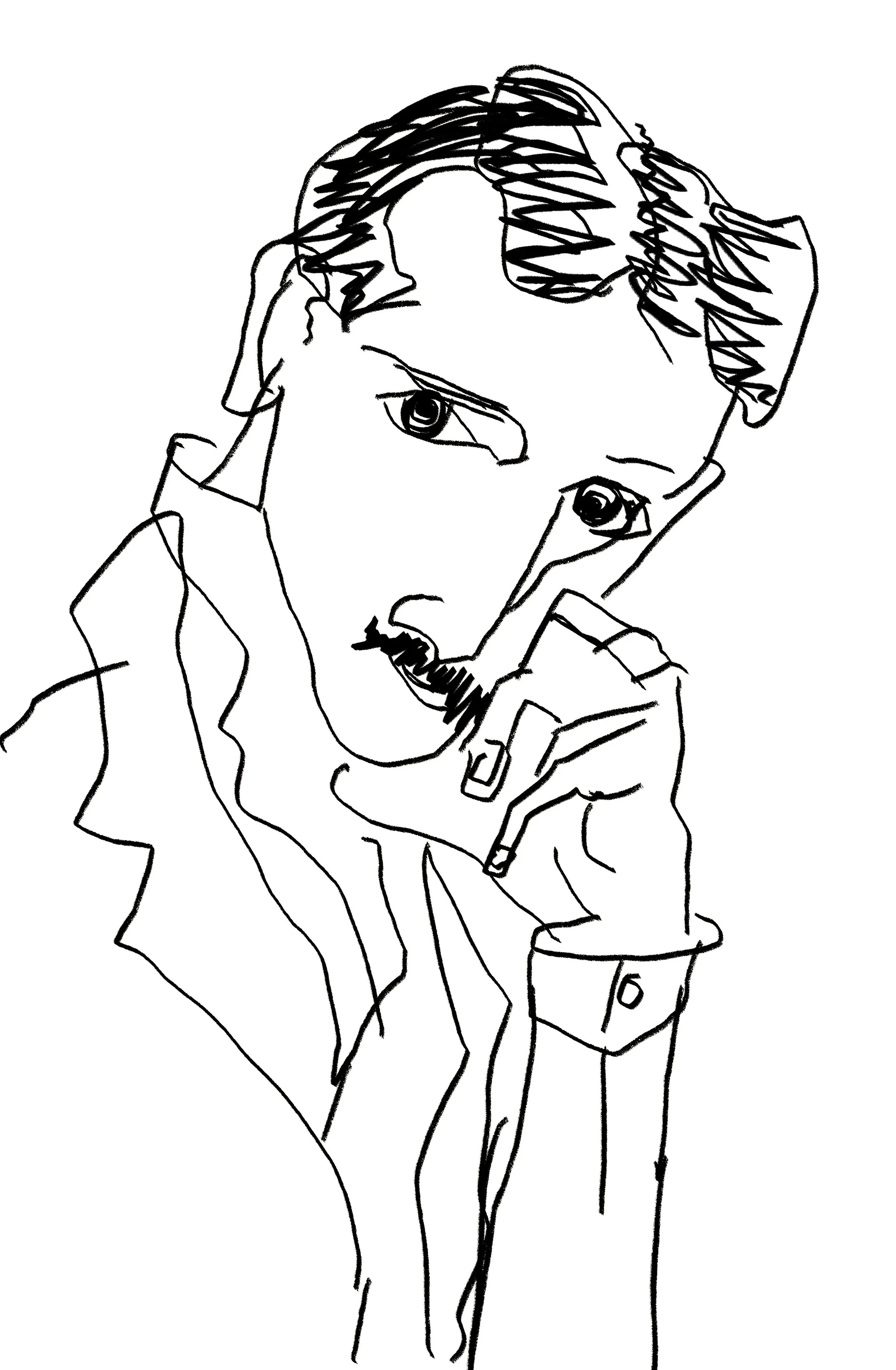 Line drawing of a person with wavy hair, holding a phone to their ear, wearing a jacket and pants.