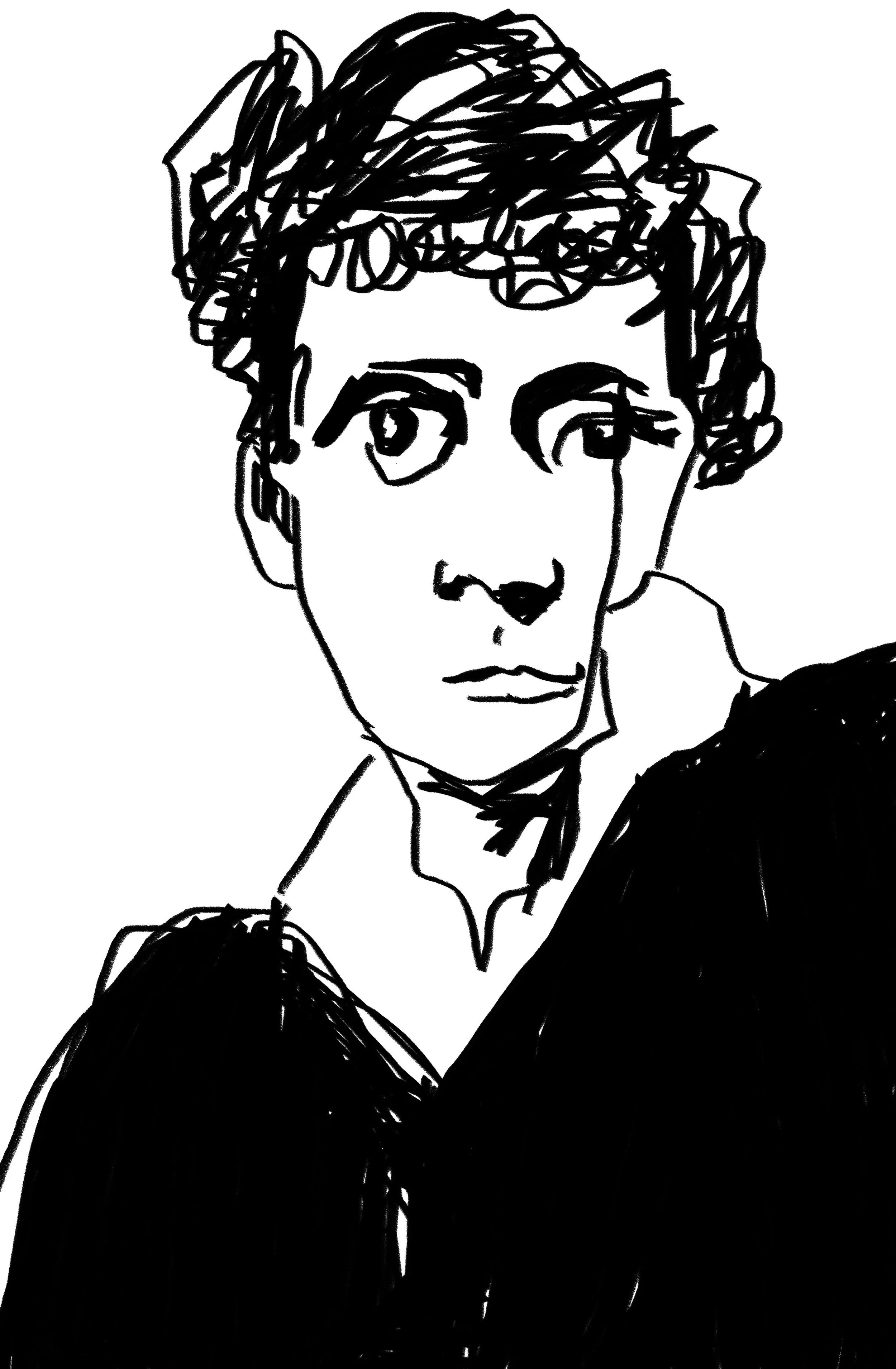 A black and white sketch of a woman with curly hair, wearing a collared shirt and a dark jacket, resting her head on her hand.