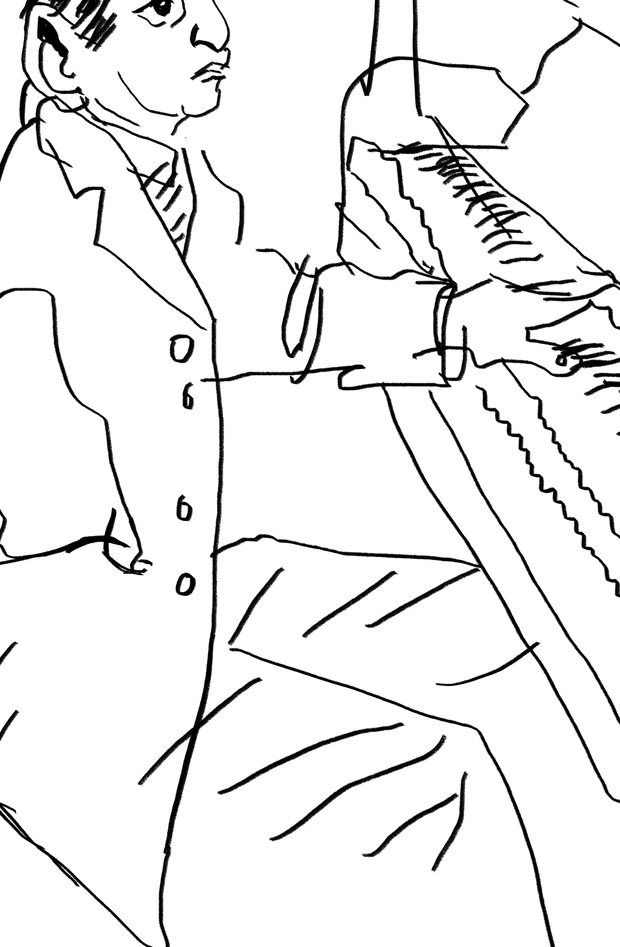 A line drawing of a person sitting at a desk with a laptop, wearing a striped shirt and a blazer.