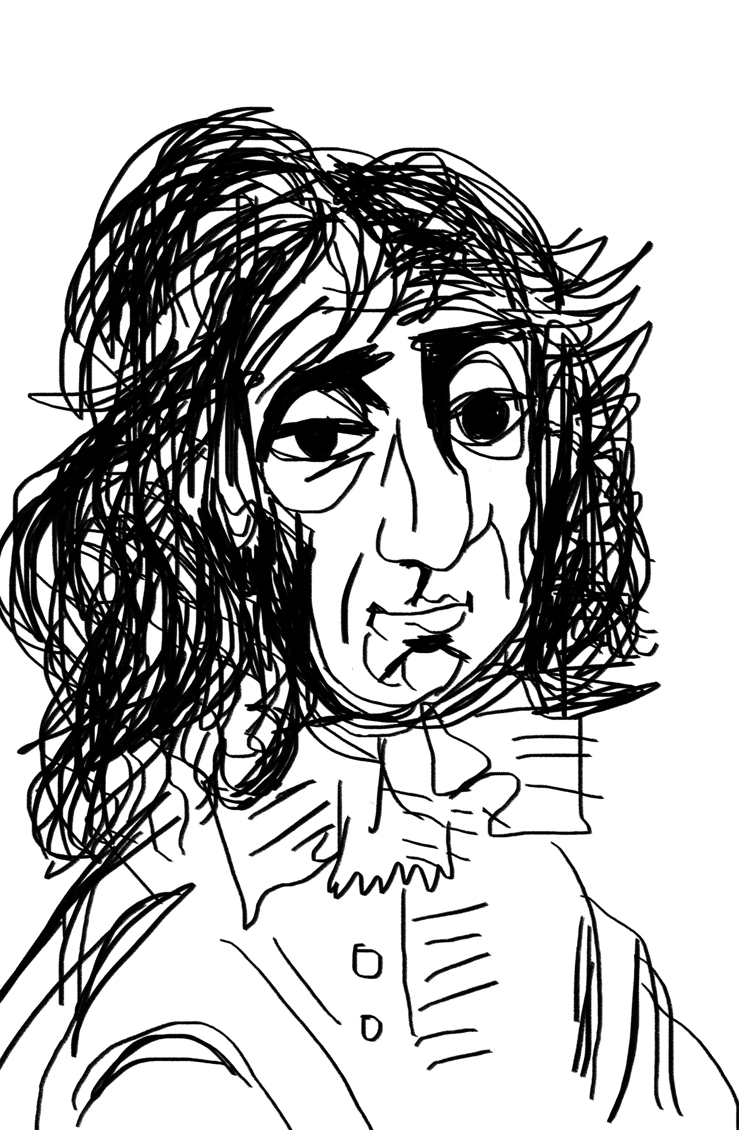Sketch of a person with long, messy hair, wearing a collared shirt with buttons and bow tie, smiling