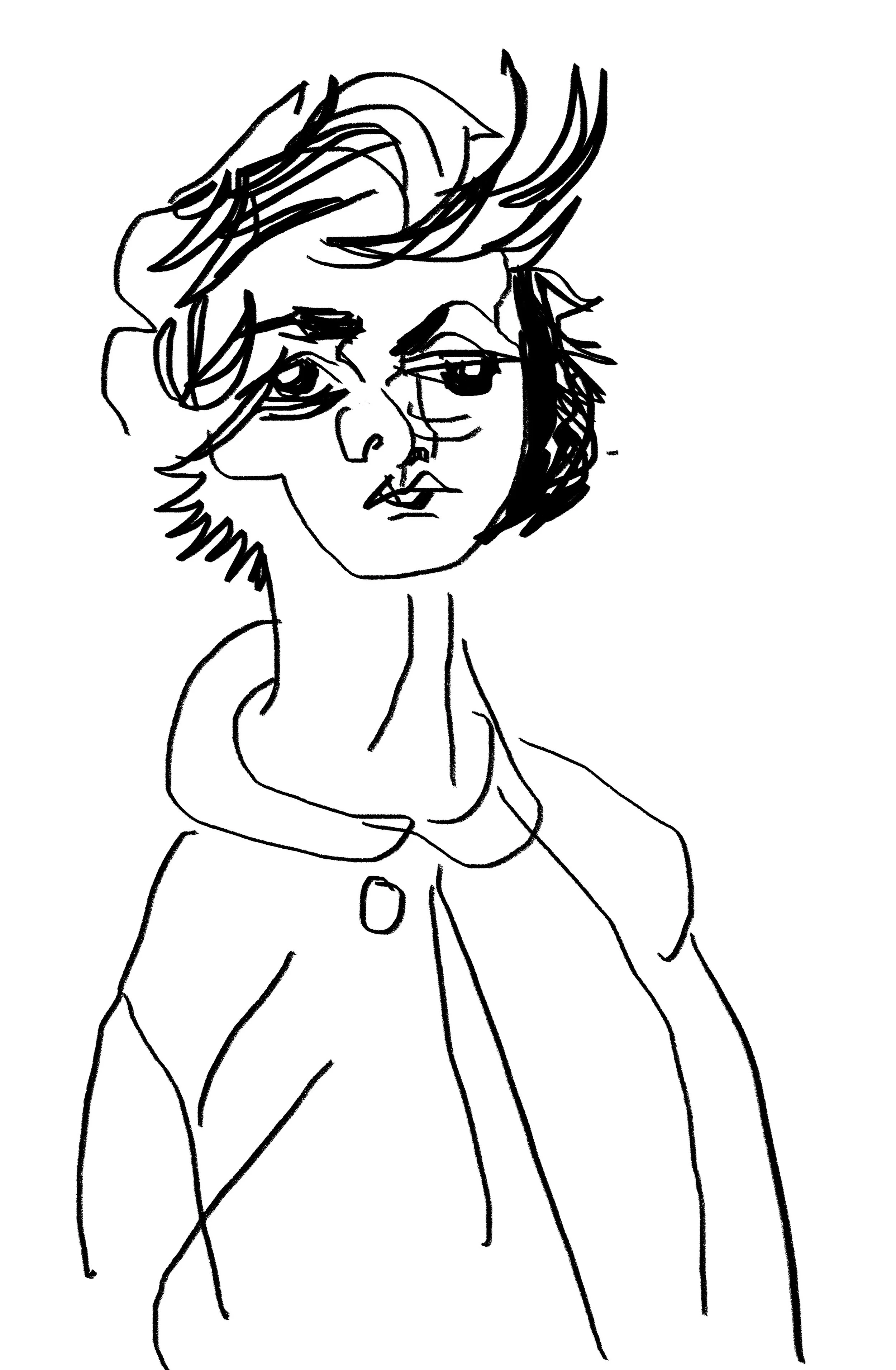 A black and white line drawing of a young woman with short, messy hair, wearing a hoodie with a pocket, and making a confident expression