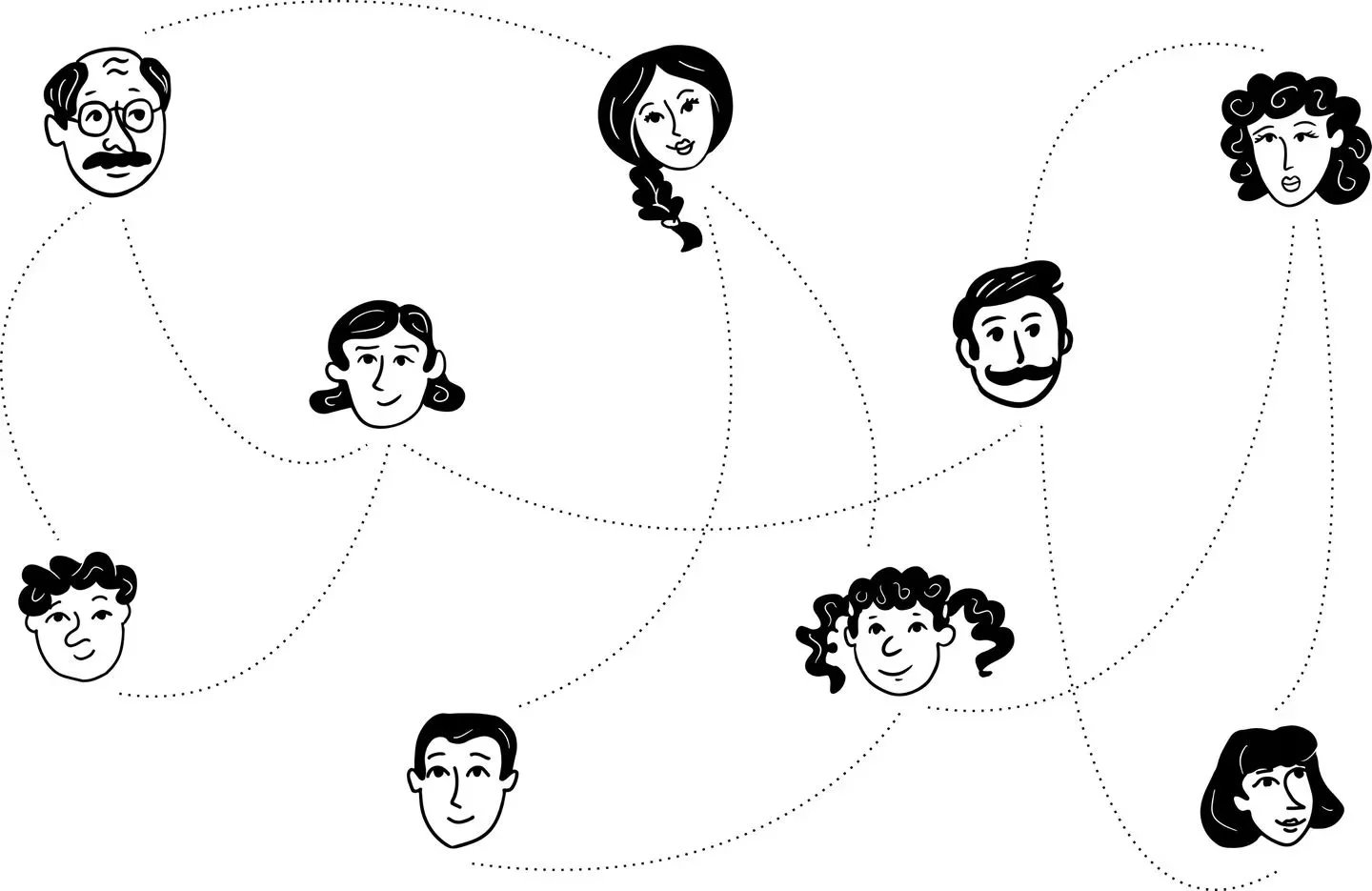 A drawing of various caricature heads all connected by dotted lines (symbolizing a family tree)