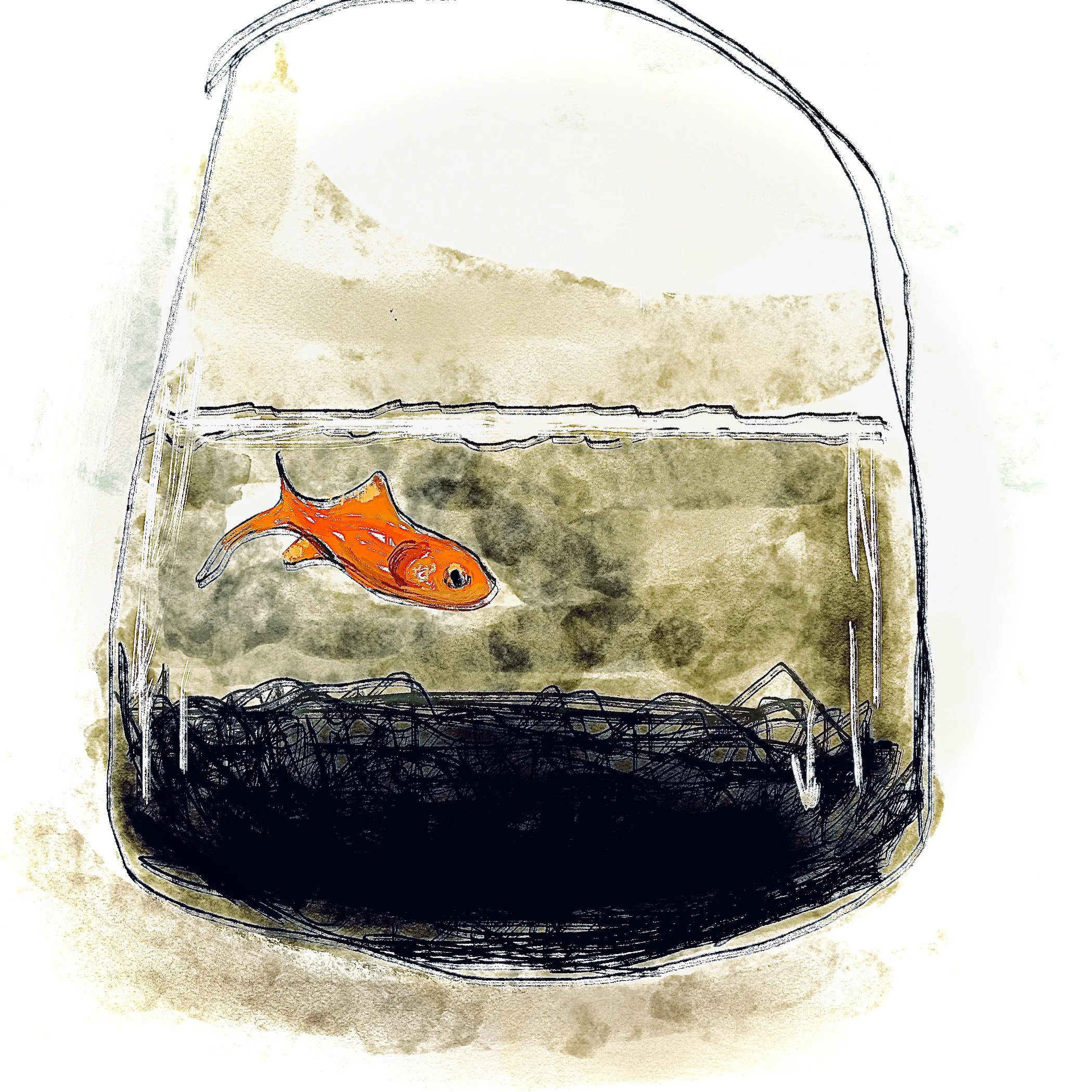 Illustration of a goldfish in a fishbowl with abstract background.