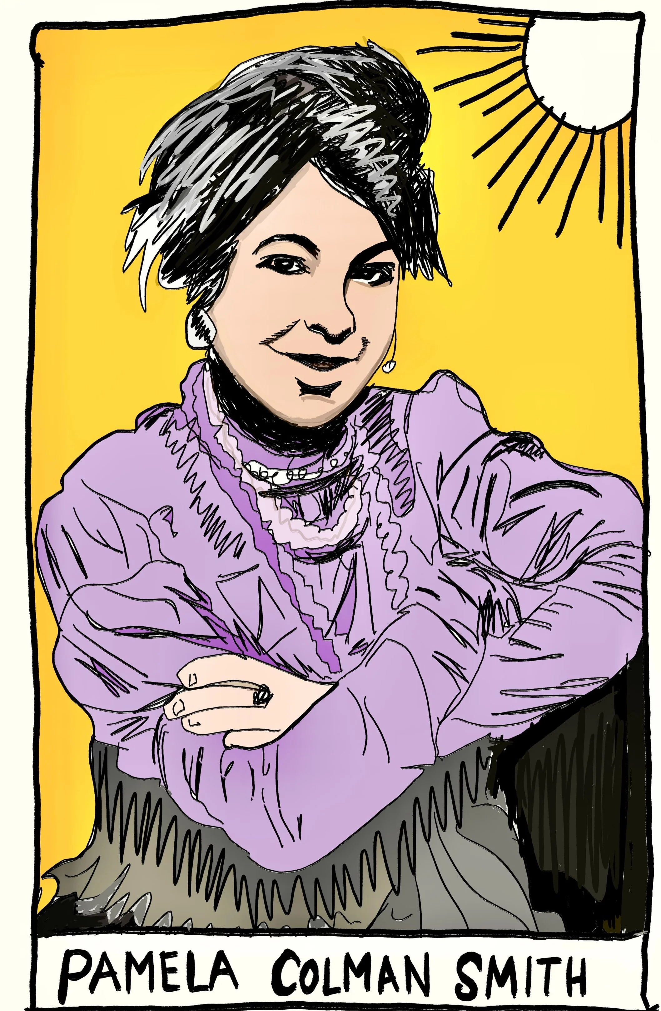 Illustration of a person with a half-smiling expression, dark hair, wearing a purple outfit against a yellow background. The name "Pamela Colman Smith" is written at the bottom.