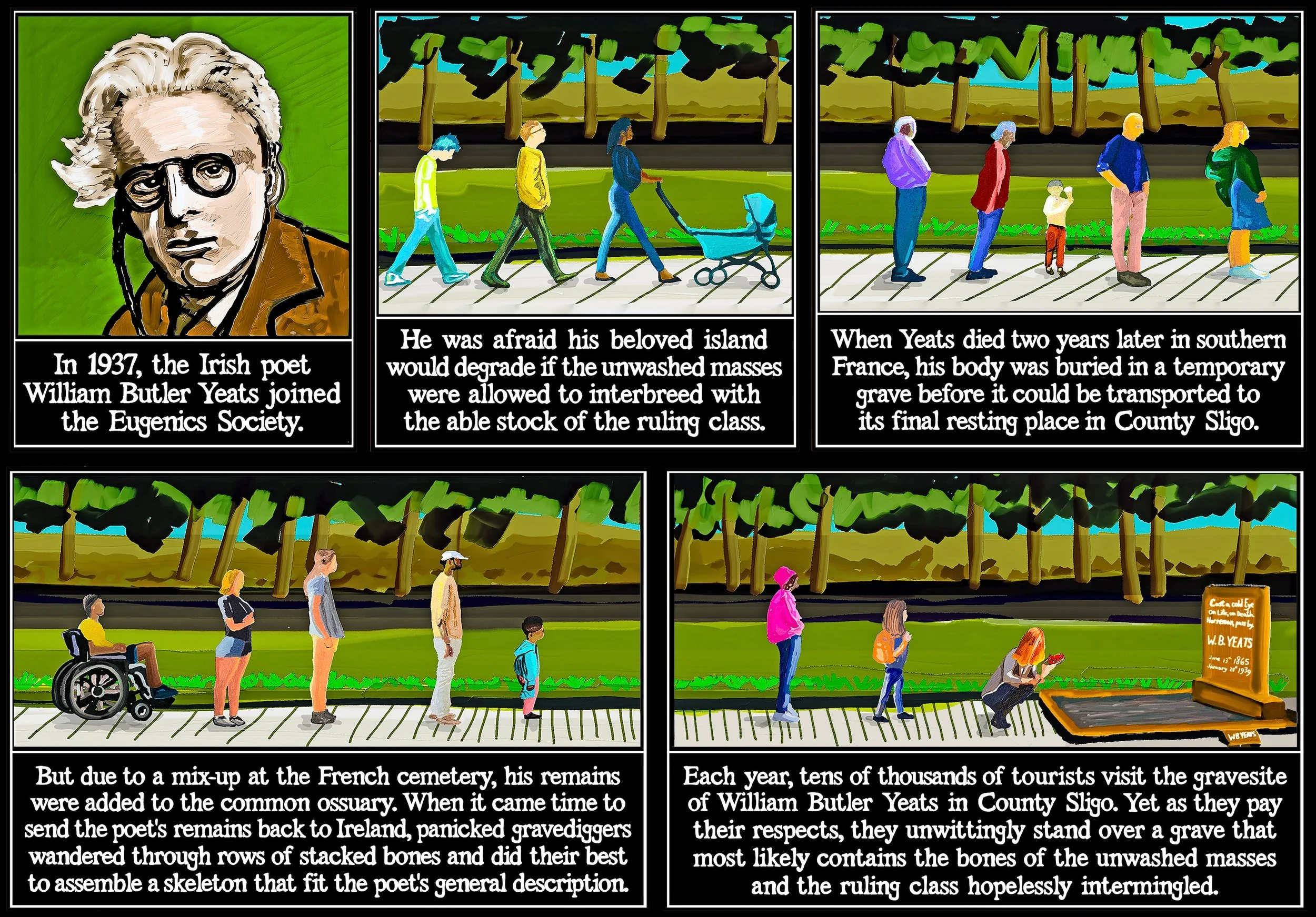 A cartoon of WB Yeats, a member of the Eugenics society, and a line of contemporary people in line to visit his grave, which, it turns out, most likely contains his bones mixed with others—a eugenicists nightmare!