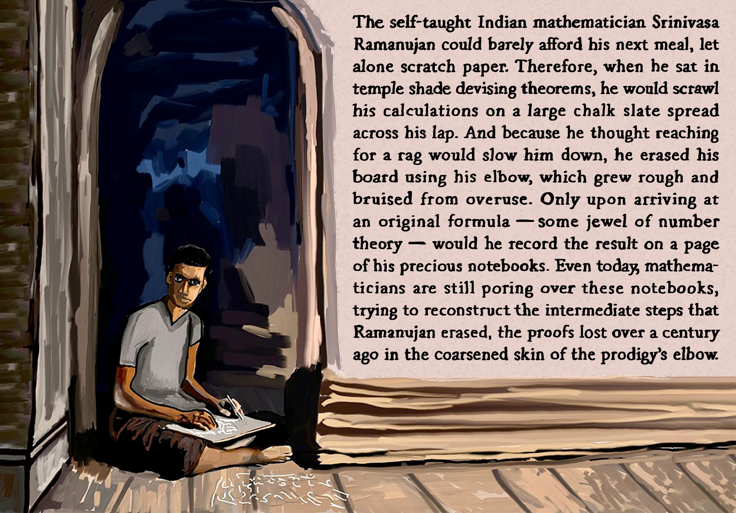 A single panel cartoon of Ramanujan, an Indian math prodigy,