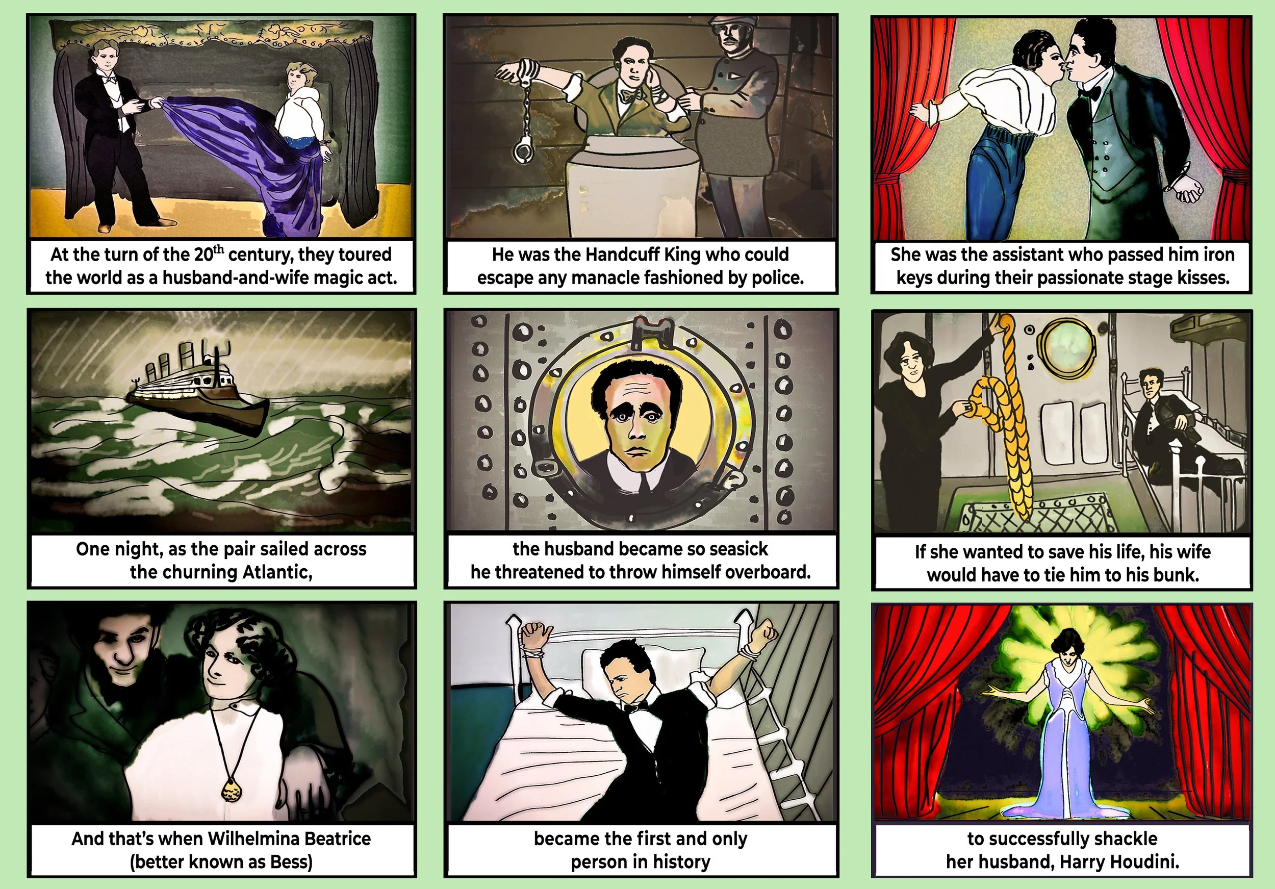 9 panel cartoon of Bess Houdini