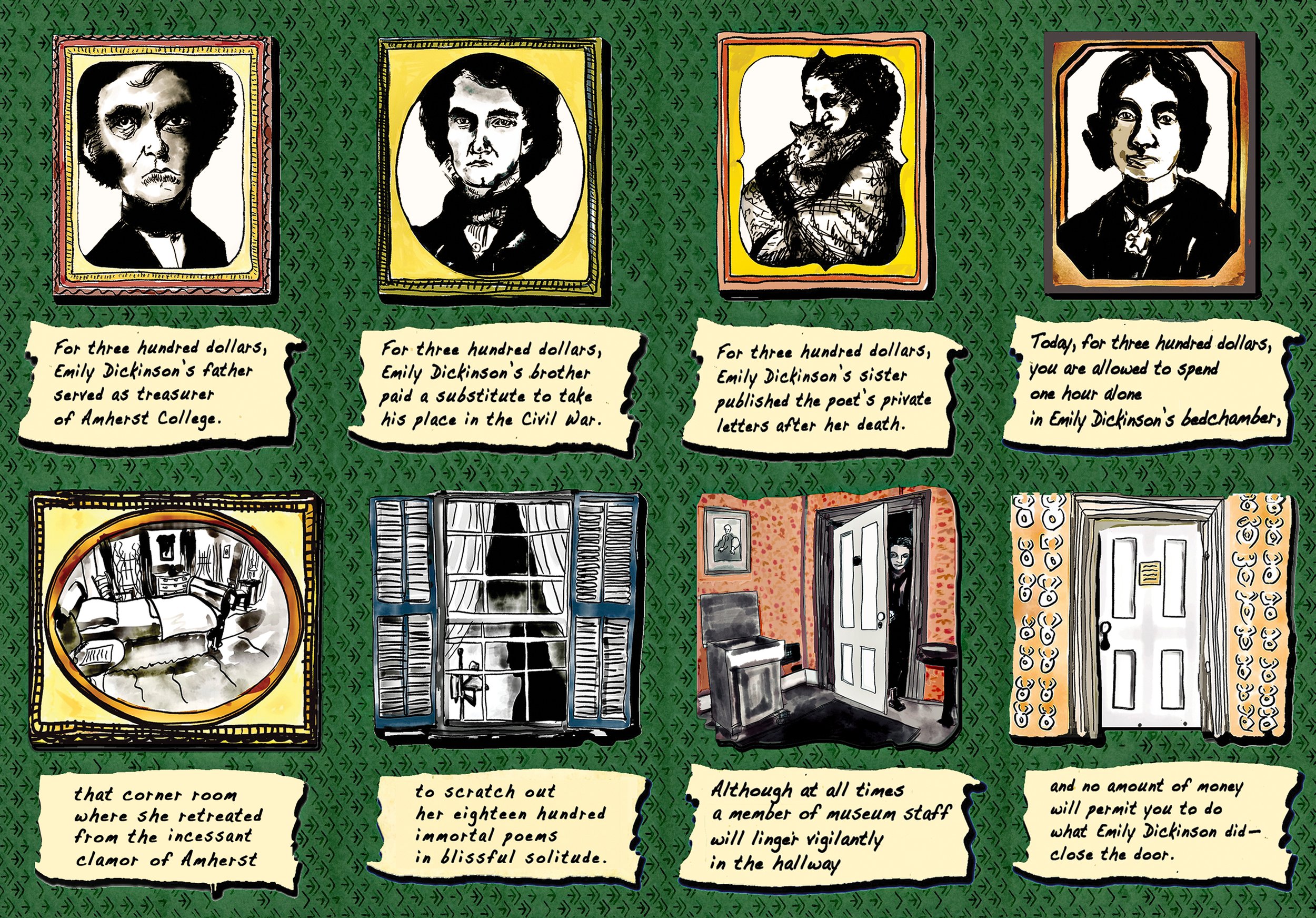 An eight panel cartoon about Emily Dickinson.
