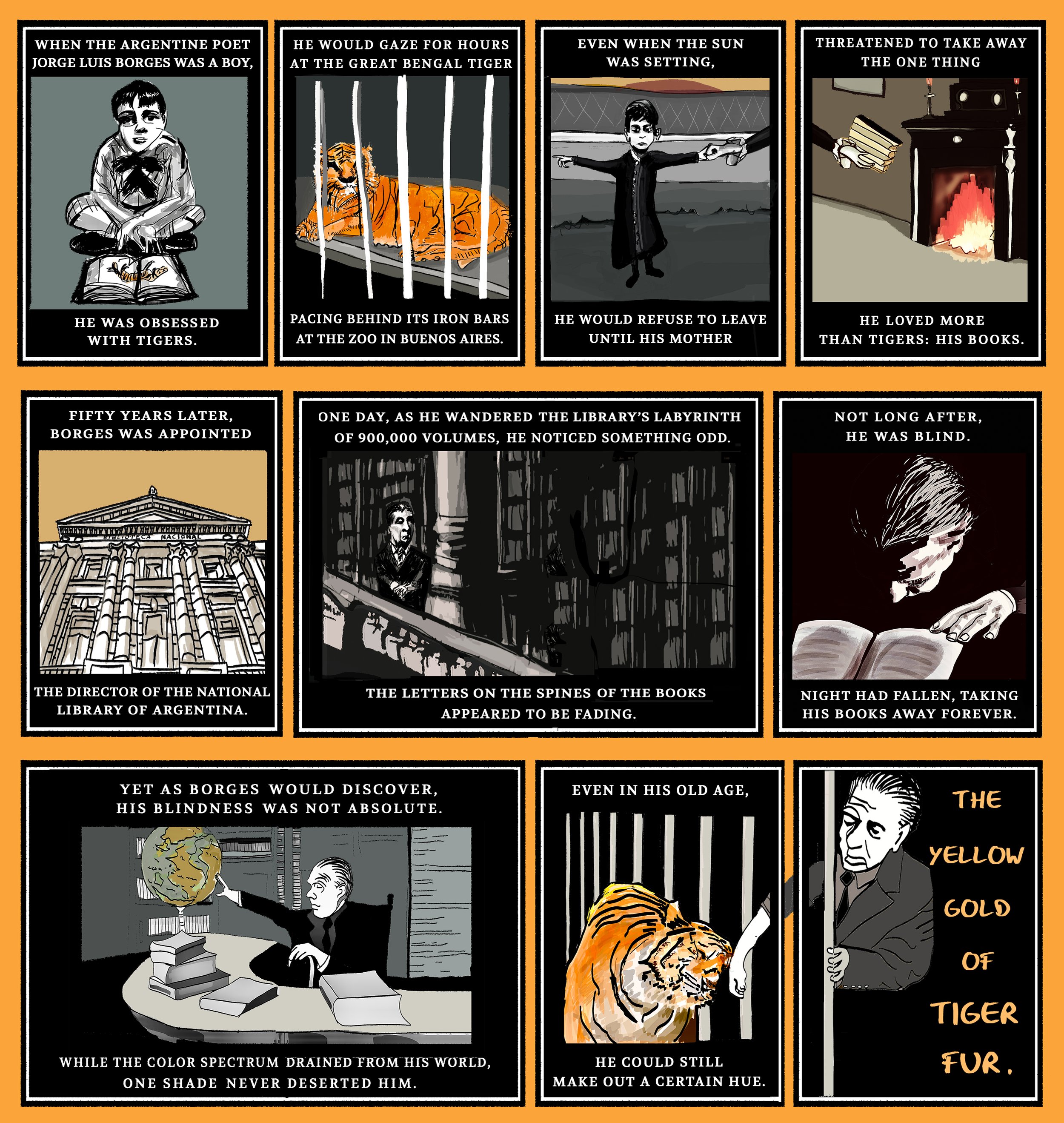 A ten panel cartoon about Jorge Luis Borges.