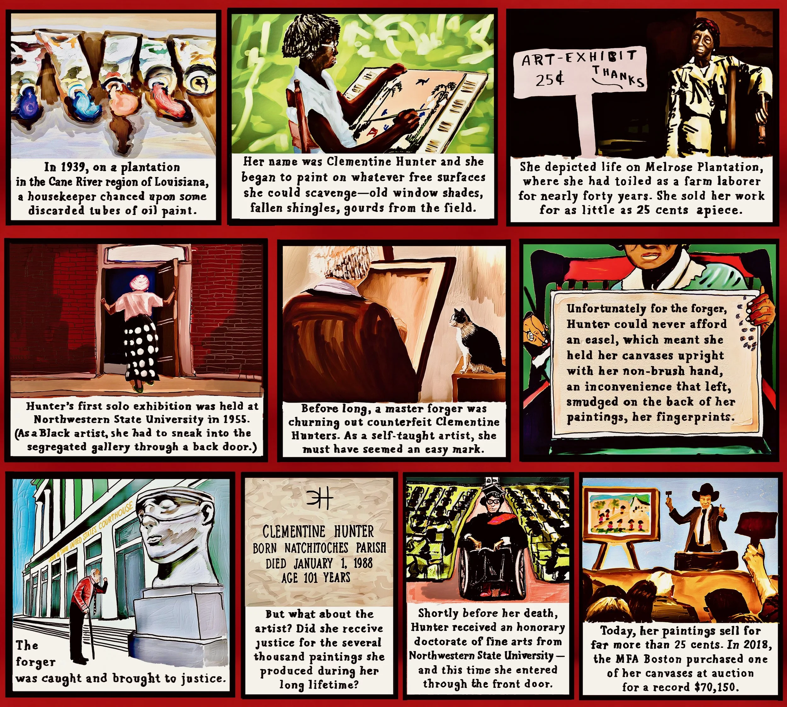 A 10 panel cartoon about the prolific Black painter Clementine Hunter.