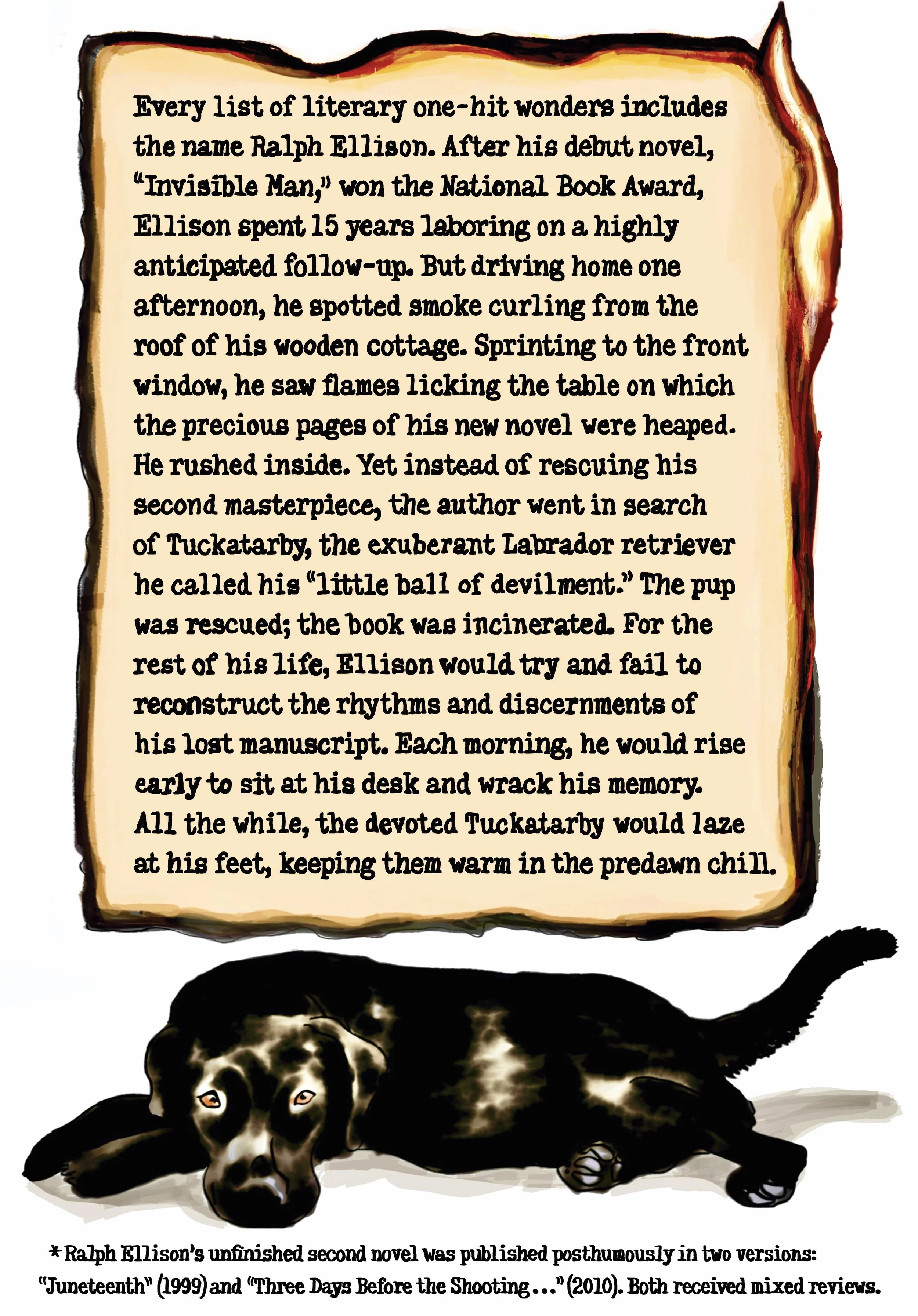 Cartoon of a a black dog lying beneath a burning piece of paper on which text is written. The text tells an anecdote about Ralph Ellison's second novel, the manuscript of which burned in a house fire.