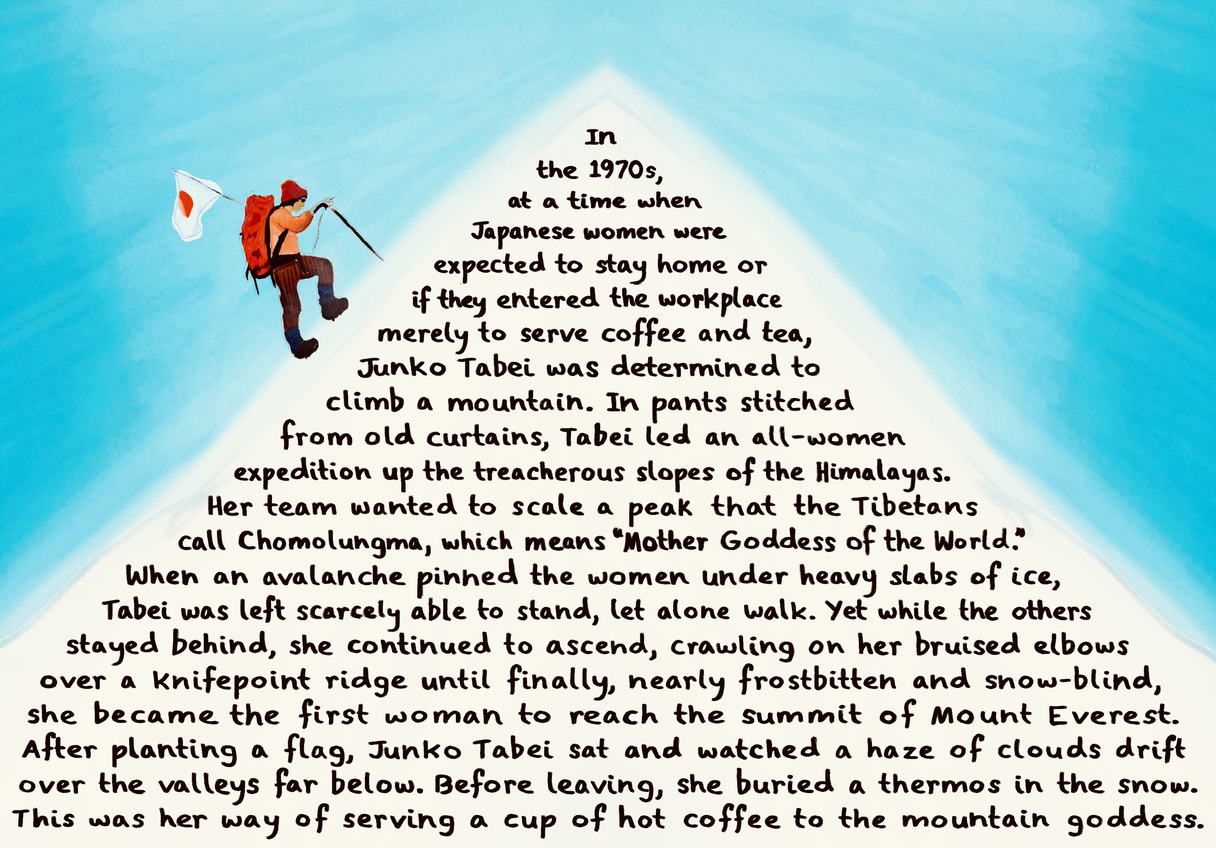 A cartoon showing a white mountain scaled by a climber carrying a Japanese flag.