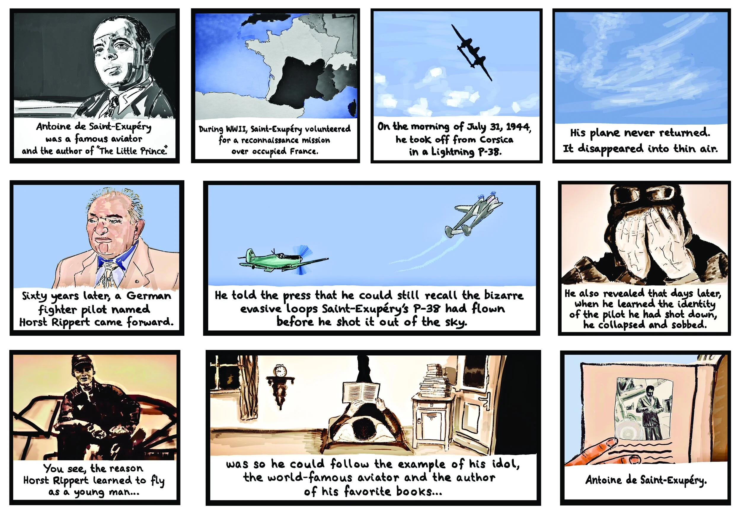 Comic strip illustrating the story of Antoine de Saint-Exupéry during WWII. It shows his disappearance during a 1944 flight, a German pilot named Horst Rippert admitting to shooting him down, and Rippert's admiration for Saint-Exupéry's books, particularly "The Little Prince."