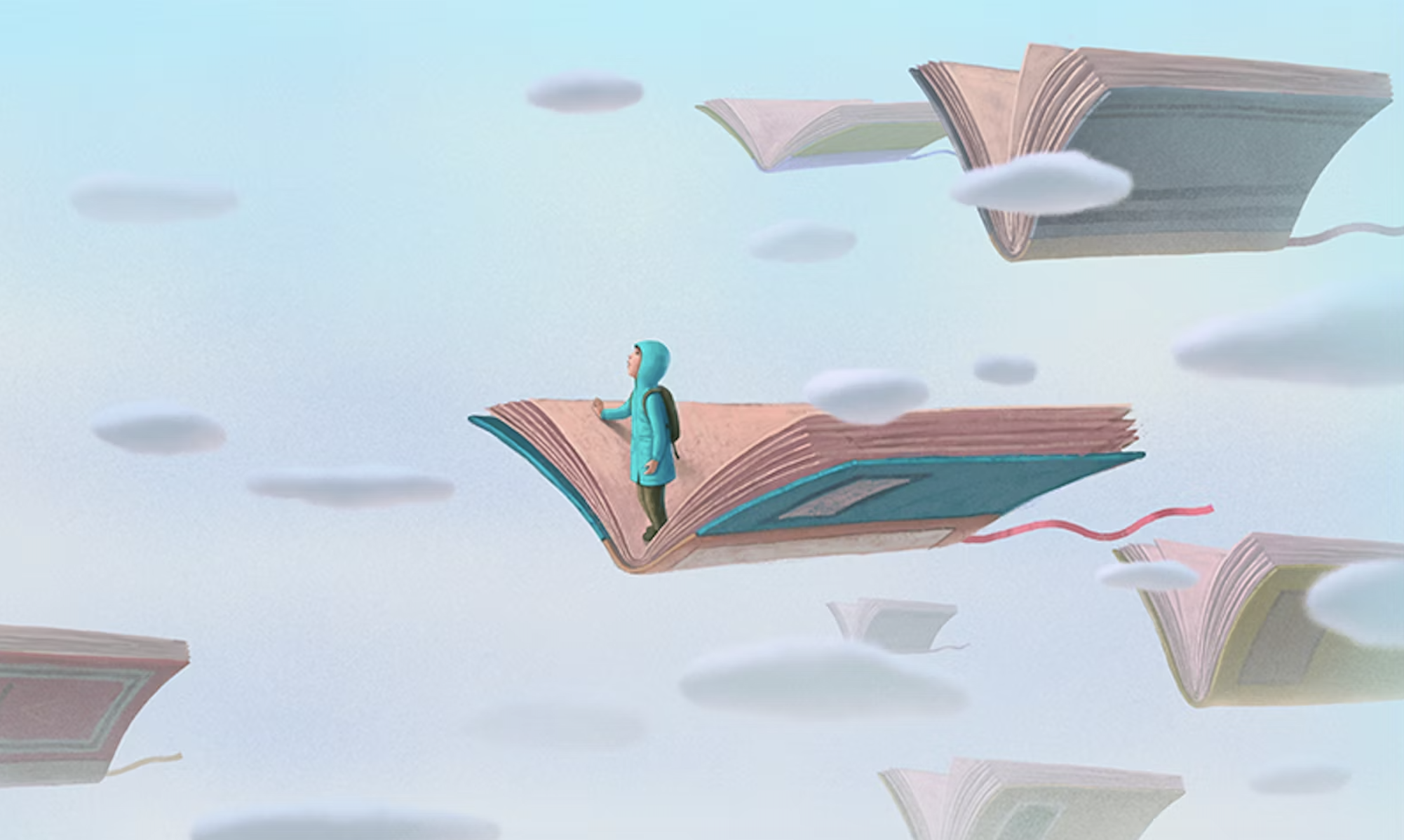 Illustration of a person in a blue coat standing on a flying open book among clouds and other flying books.