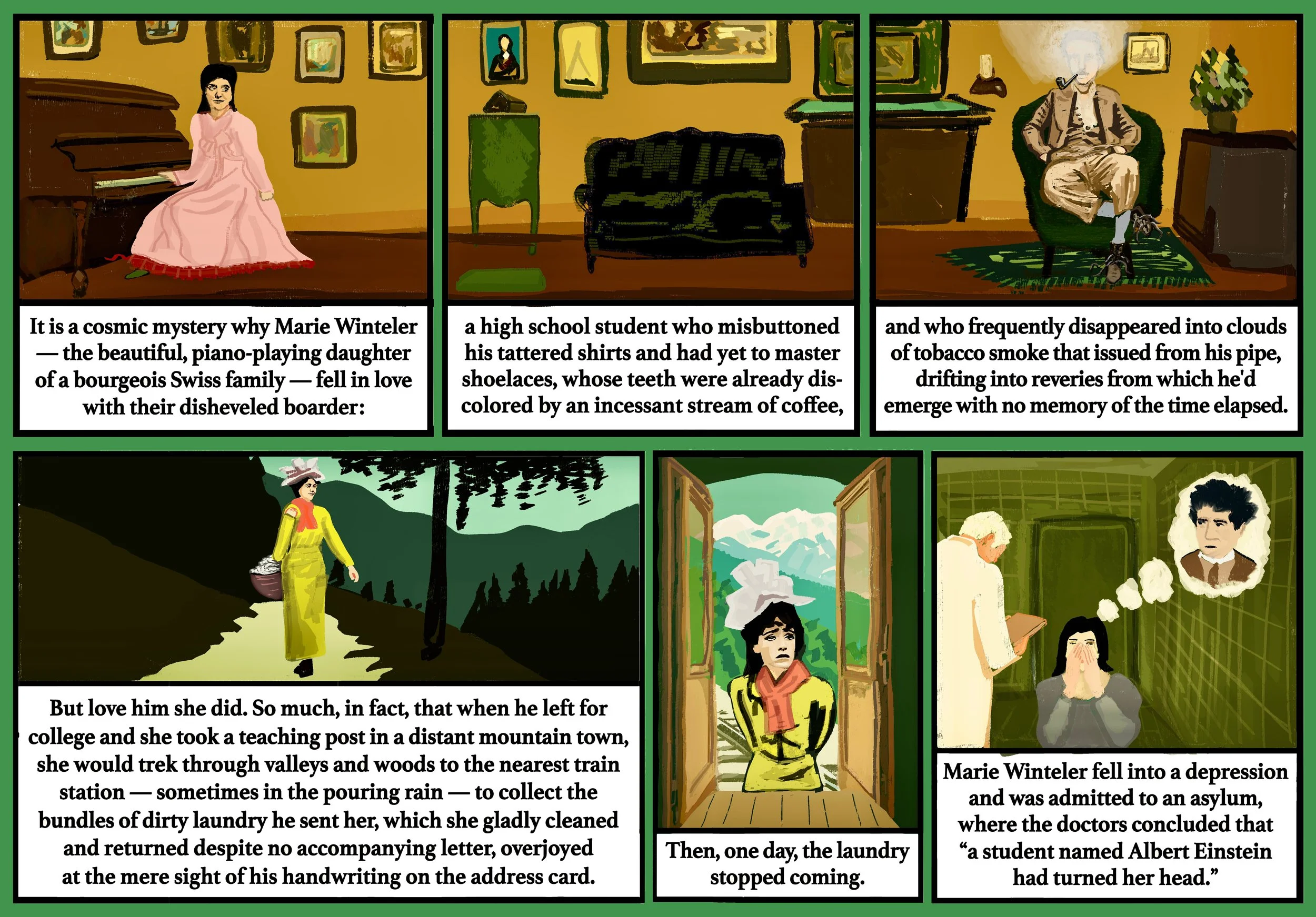 A three-panel comic strip depicting a woman in a pink dress sitting at a piano, a woman walking through a mountain landscape carrying a laundry basket, and a woman standing in a doorway looking out. The comic includes captions about Marie Winteler, a high school student, and her love story.
