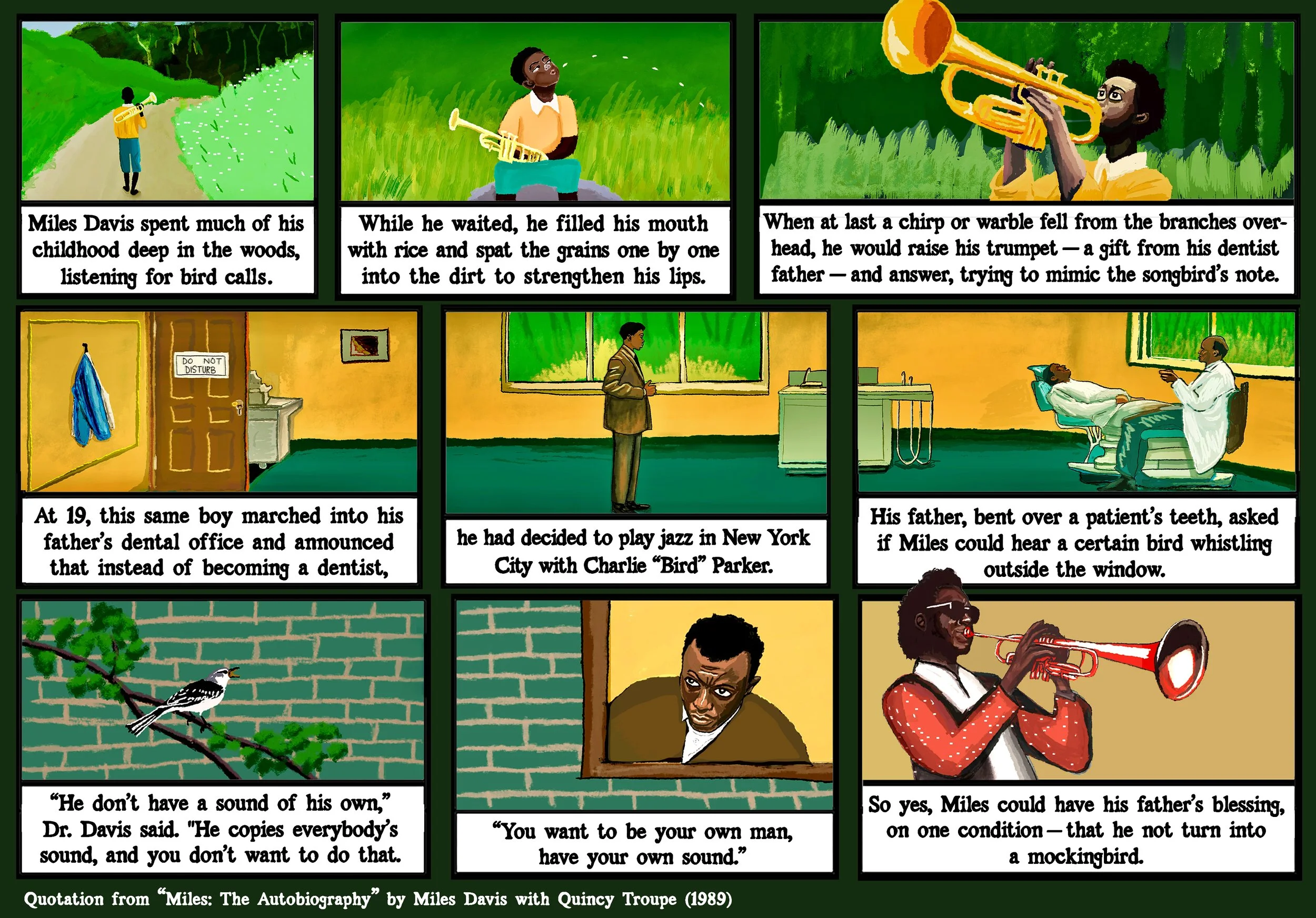 A comic strip from 'Miles: The Autobiography' showing a young boy playing a trumpet in the woods, practicing bird calls, then growing up to become a jazz musician, and later a dentist, with scenes in a dental office, and a bird on a branch.