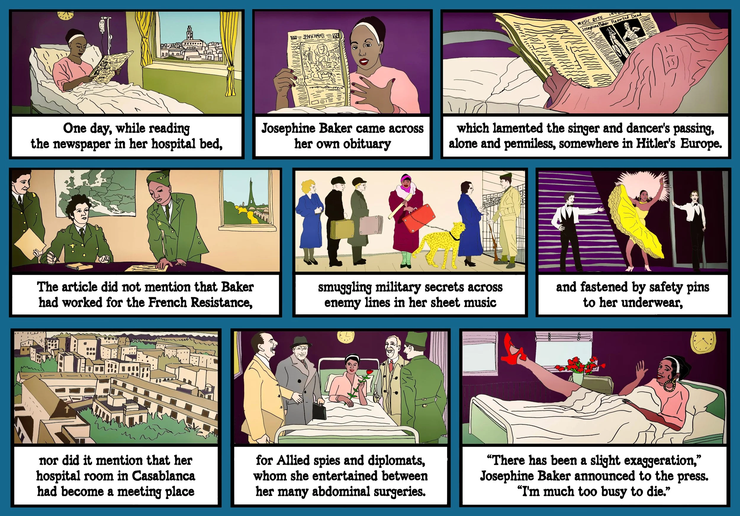 A comic strip depicting a woman reading a newspaper in her hospital bed, discovering her obituary written by Josephine Baker, which laments her passing but omits her work for the French Resistance. The comic shows her in her hospital room, military officers, a line of people with luggage and a dog, and a scene where she is performing on stage, all relating to her secret activities and her public persona.