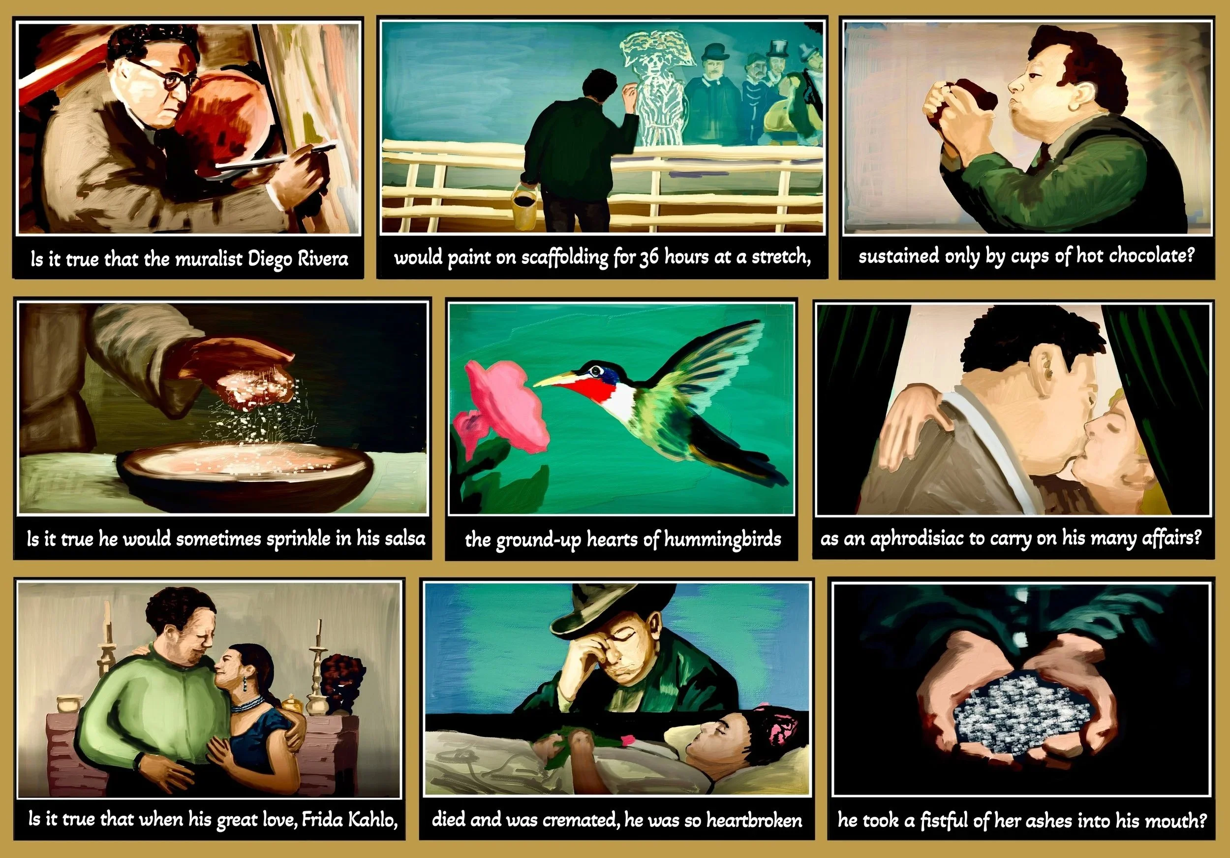 Collage of paintings and drawings with poetic questions and statements about famous figures and scenes, including an artist painting, a man at a sculpture, a person drinking hot chocolate, a person sprinkling salt, a hummingbird, a couple kissing, and a person contemplating at a table.