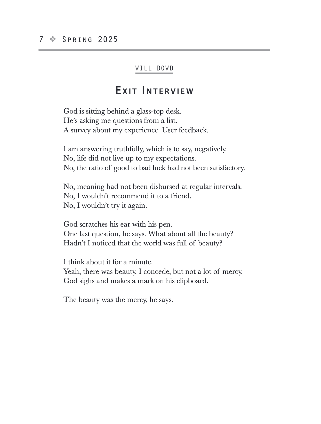 Page from a publication titled 'Spring 2025' with a poem titled 'Exit Interview' by Will Dowd, discussing a conversation between God and a person about beauty, gratitude, and mercy.