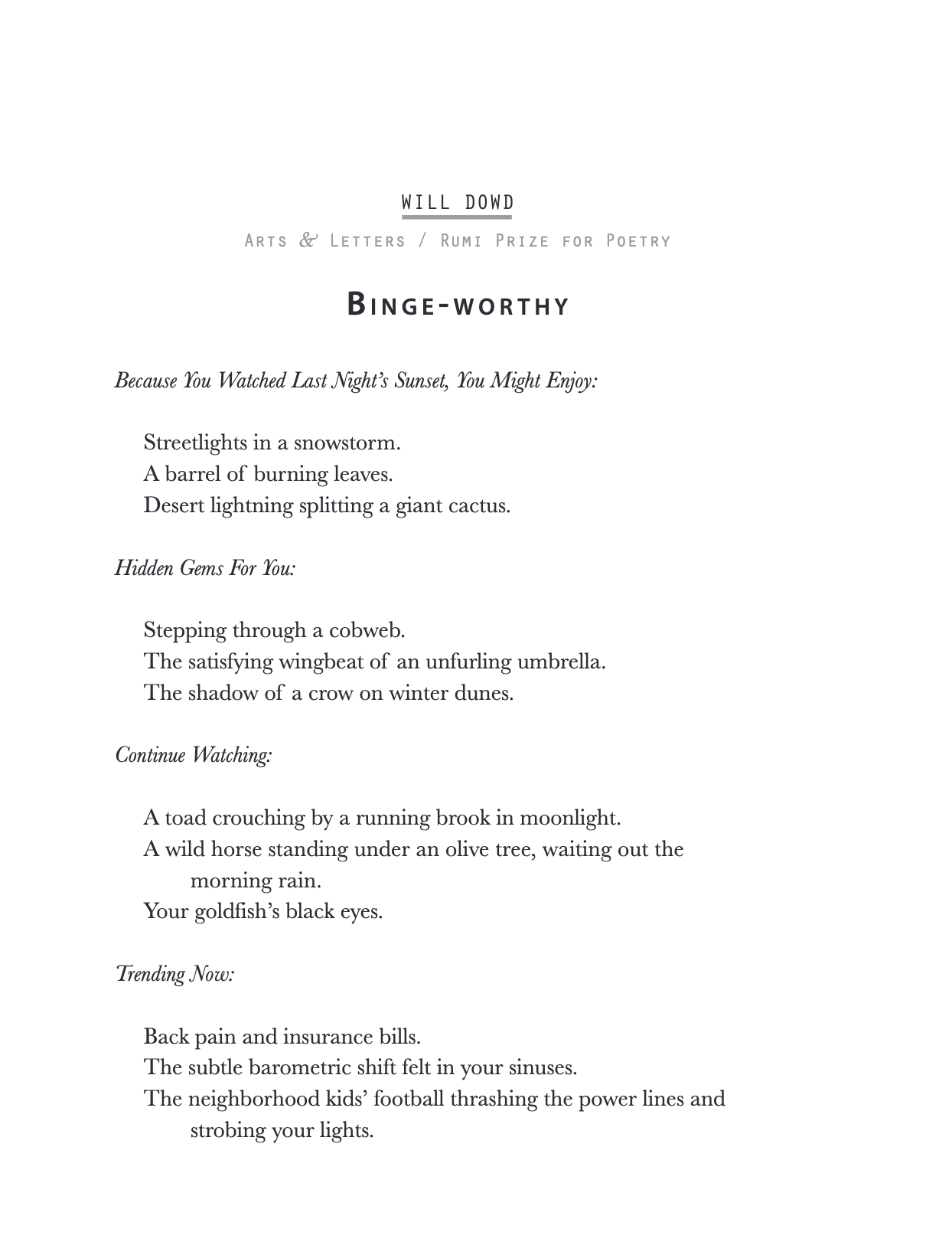 A literary page with poetry and author information, titled "Binge-worthy" by Will Dowd, including sections of poetry with titles such as "Because You Watched Last Night’s Sunset, You Might Enjoy," "Hidden Gems For You," "Continue Watching," and "Tren