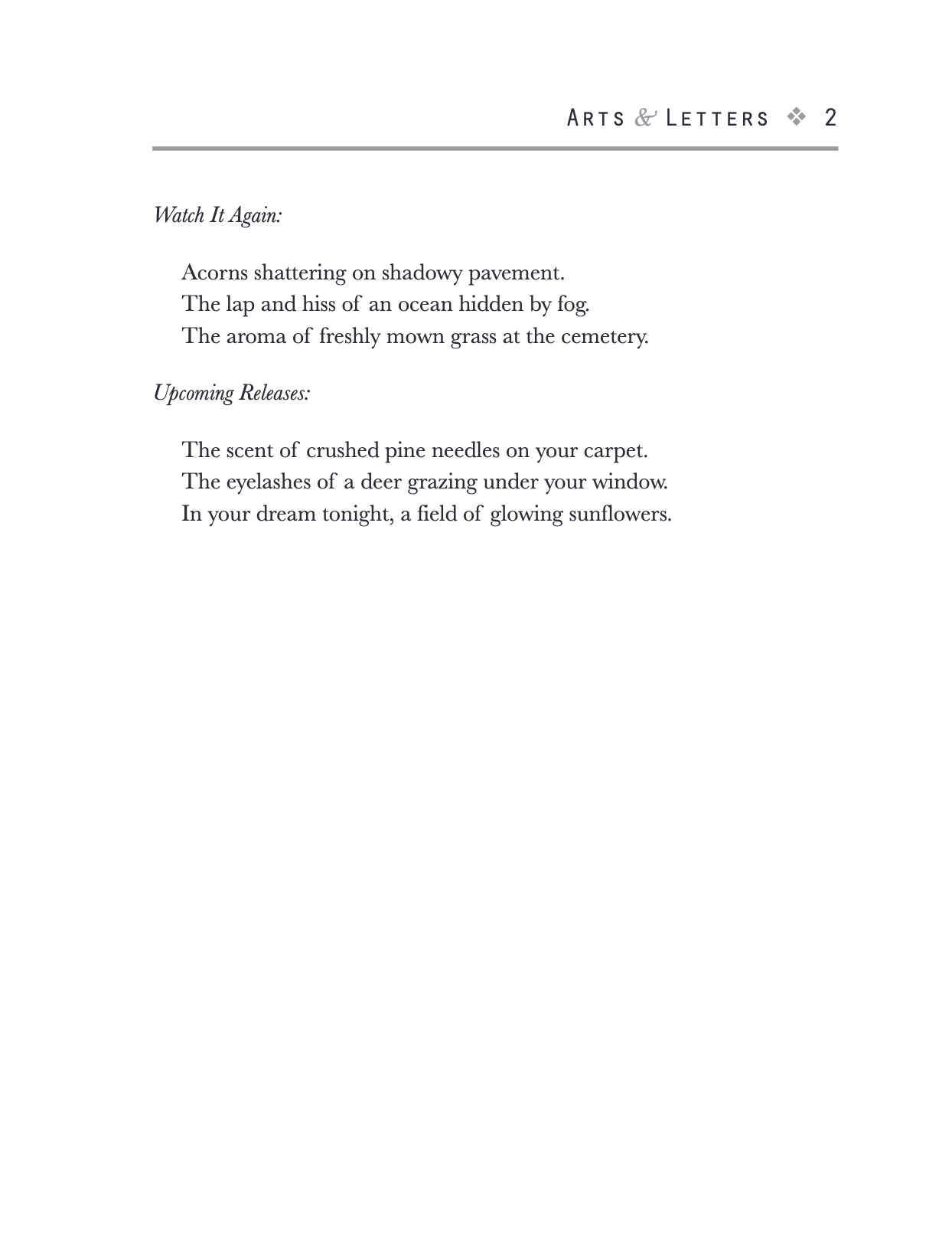 Page from a book or magazine with titled section 'Arts & Letters' and poetry about nature and seasons.