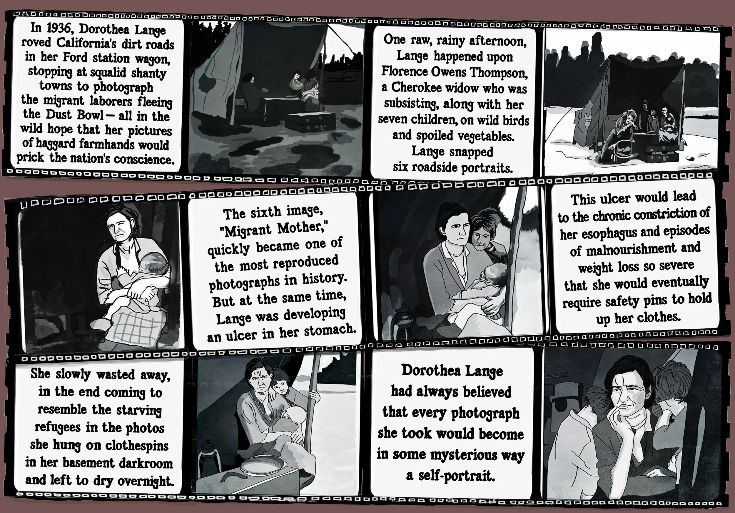 A 12 panel cartoon about Dorothea Lange's photograph, Migrant Mother, taken during the Great Depression. The panels are drawn to resemble strips of film from a camera.