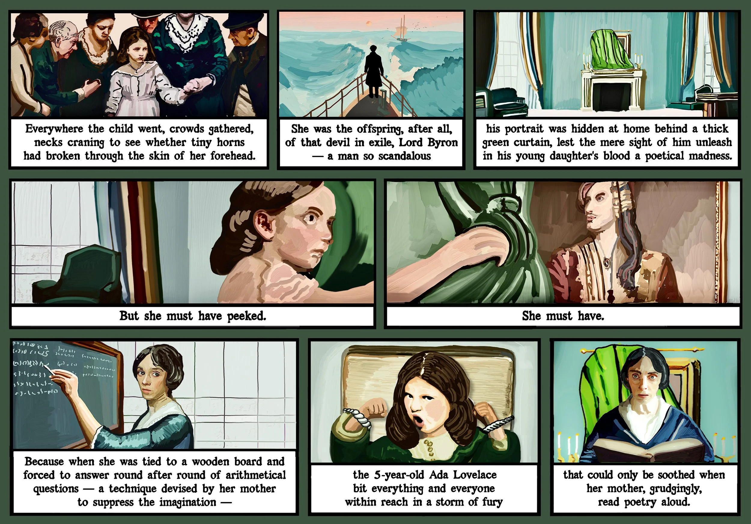 8 panel cartoon about Ada Lovelace, the poetry-loving daughter of Lord Byron