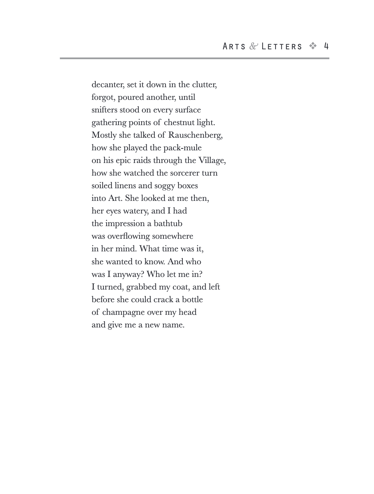 Page from a book titled 'Arts & Letters 4' with poem about a woman reflecting on her past and her perceptions of a woman she observed.