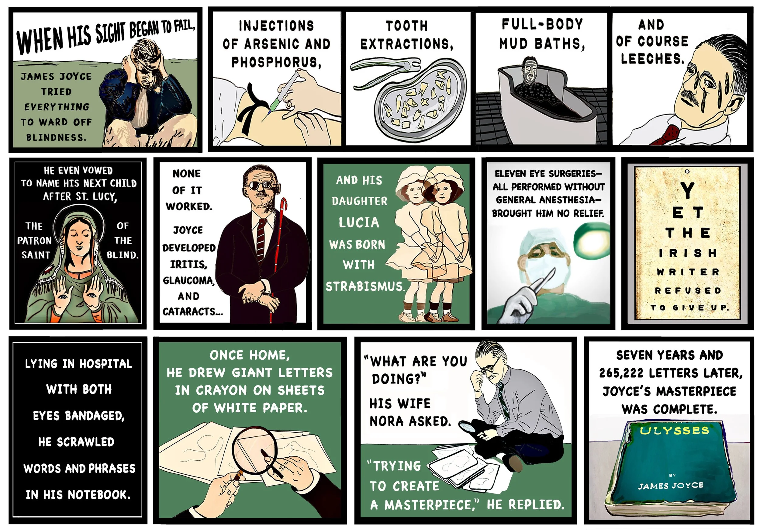 WHEN HIS SIGHT BEGAN TO FAIL, JAMES JOYCE TRIED EVERYTHING TO WARD OFF BLINDNESS. HE EVEN VOWED TO NAME HIS NEXT CHILD AFTER ST. LUCY, THE PATRON SAINT OF THE BLIND. INJECTIONS OF ARSENIC AND PHOSPHORUS,TOOTH EXTRACTIONS, FULL-BODY MUD BATHS, AND OF