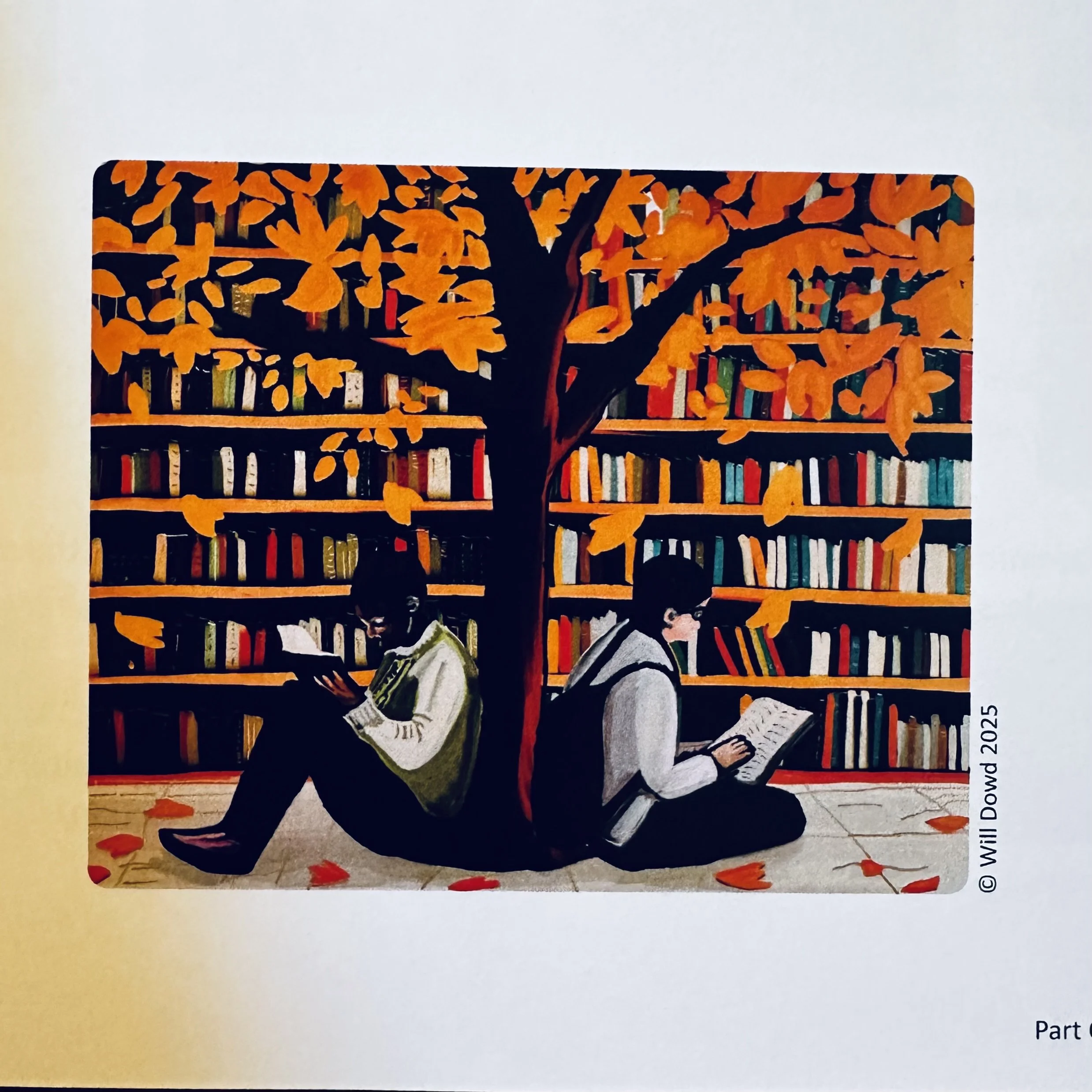 A colorful illustration of a desk with a person sitting and reading a book, surrounded by bookshelves filled with books, and a bookshelf on the wall with a row of books.