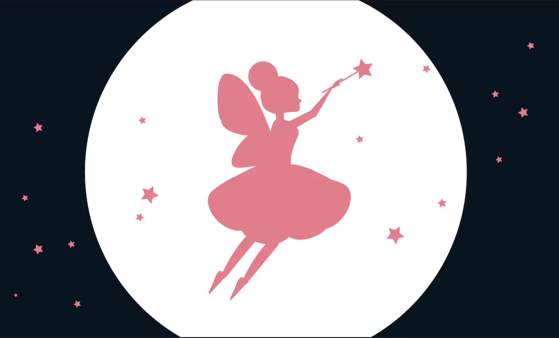 A pink silhouette of a fairy with wings, wearing a dress and a bun hairstyle, sitting on a moon and holding a star wand amidst pink stars in a night sky.
